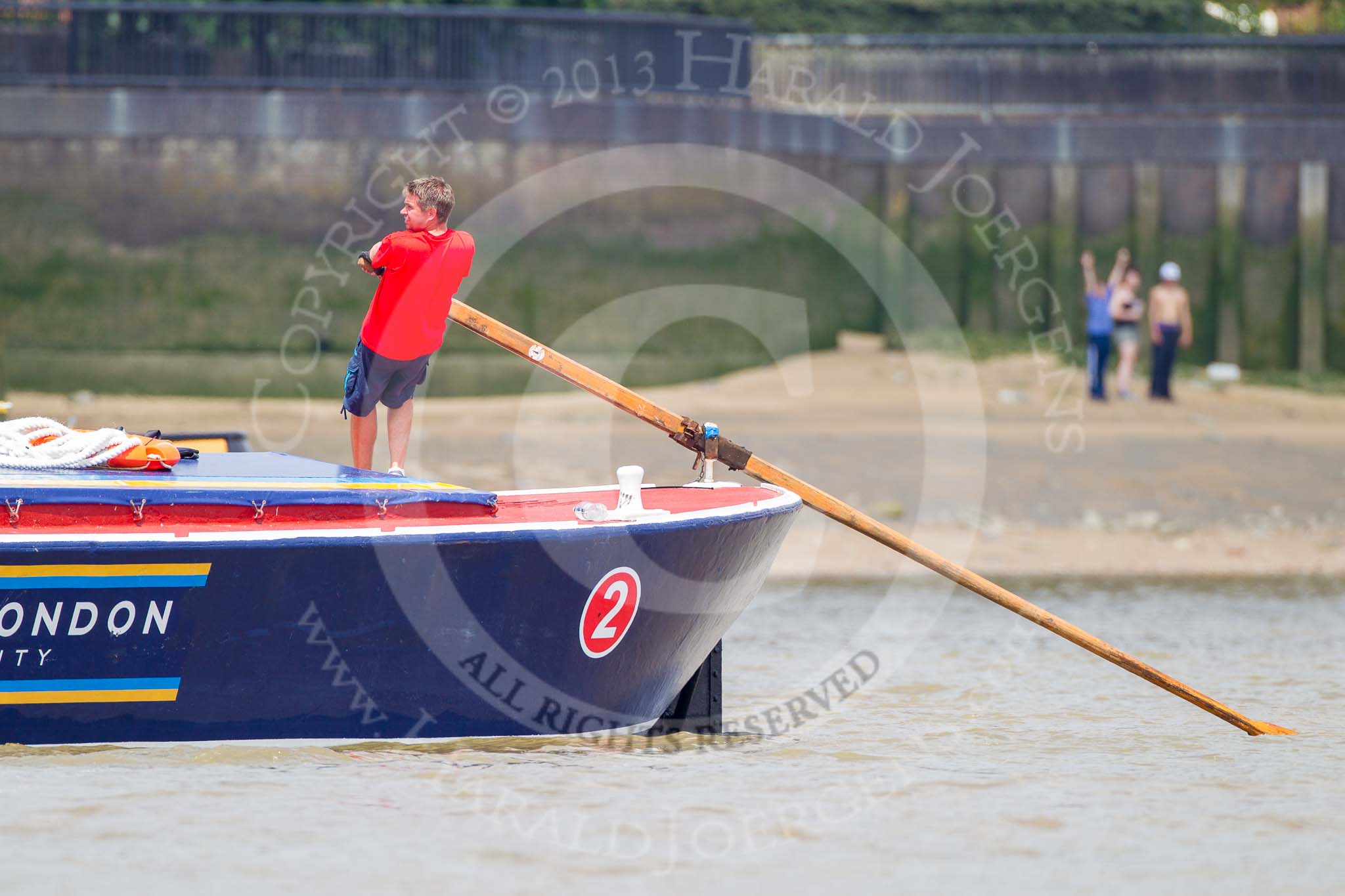 TOW River Thames Barge Driving Race 2013: The steerer of barge "Blackwall", by the Port of London Authority, during the race..
River Thames between Greenwich and Westminster,
London,

United Kingdom,
on 13 July 2013 at 13:26, image #342