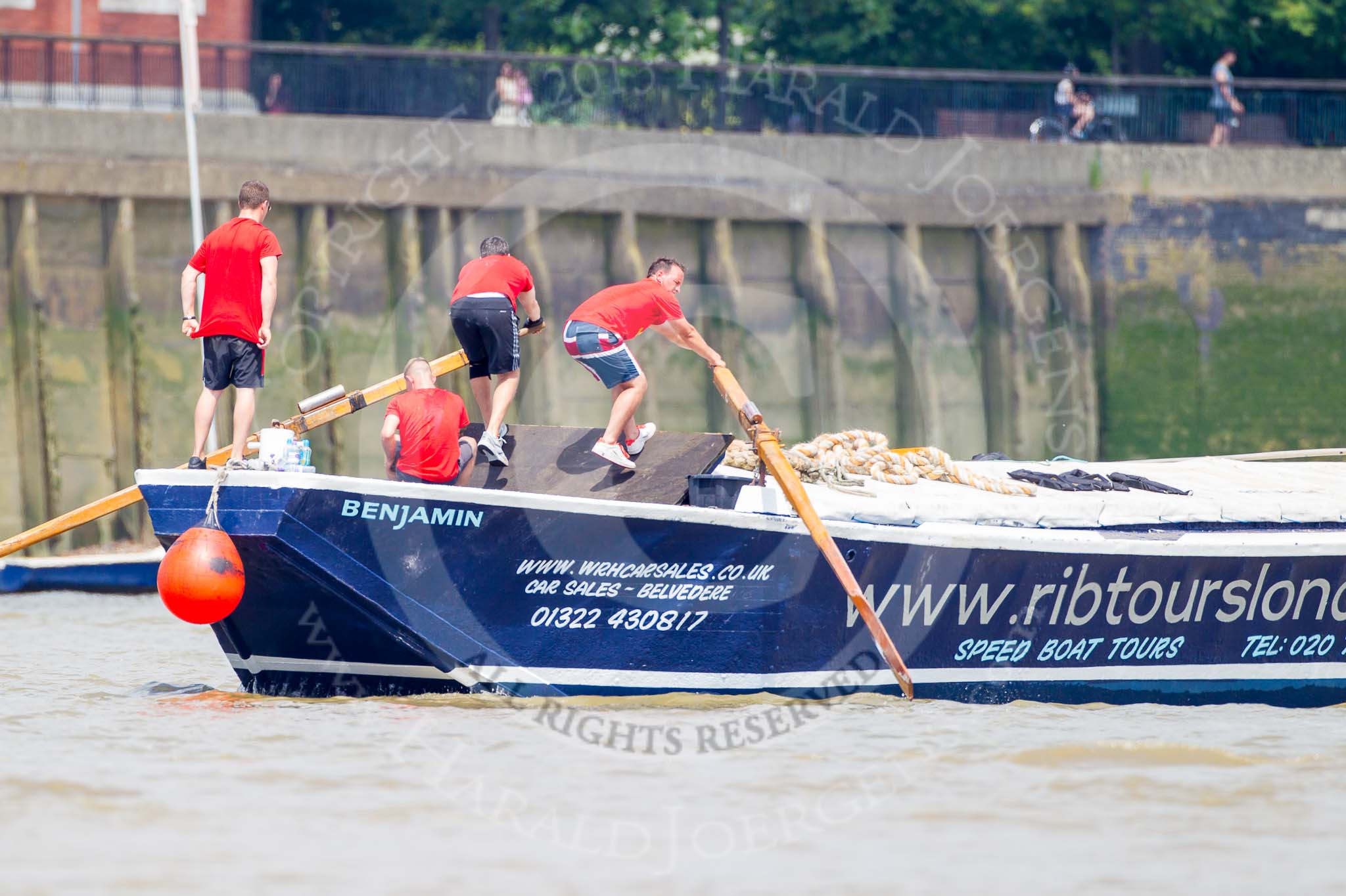 TOW River Thames Barge Driving Race 2013: Barge "Benjamin", by London Party Boats, during the race..
River Thames between Greenwich and Westminster,
London,

United Kingdom,
on 13 July 2013 at 13:27, image #345