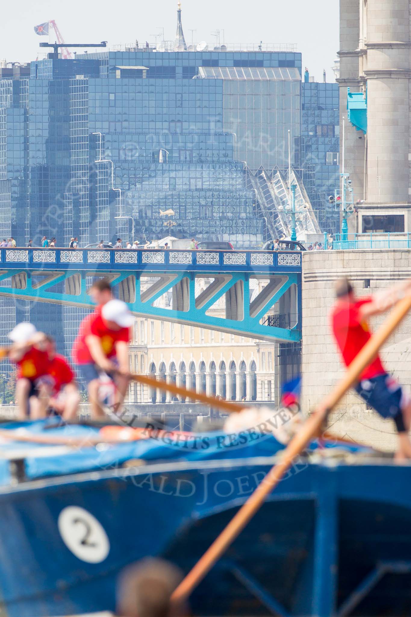 TOW River Thames Barge Driving Race 2013: Tower Bridge seem from behind barge "Diana", by Trinity Buoy Wharf..
River Thames between Greenwich and Westminster,
London,

United Kingdom,
on 13 July 2013 at 13:34, image #361