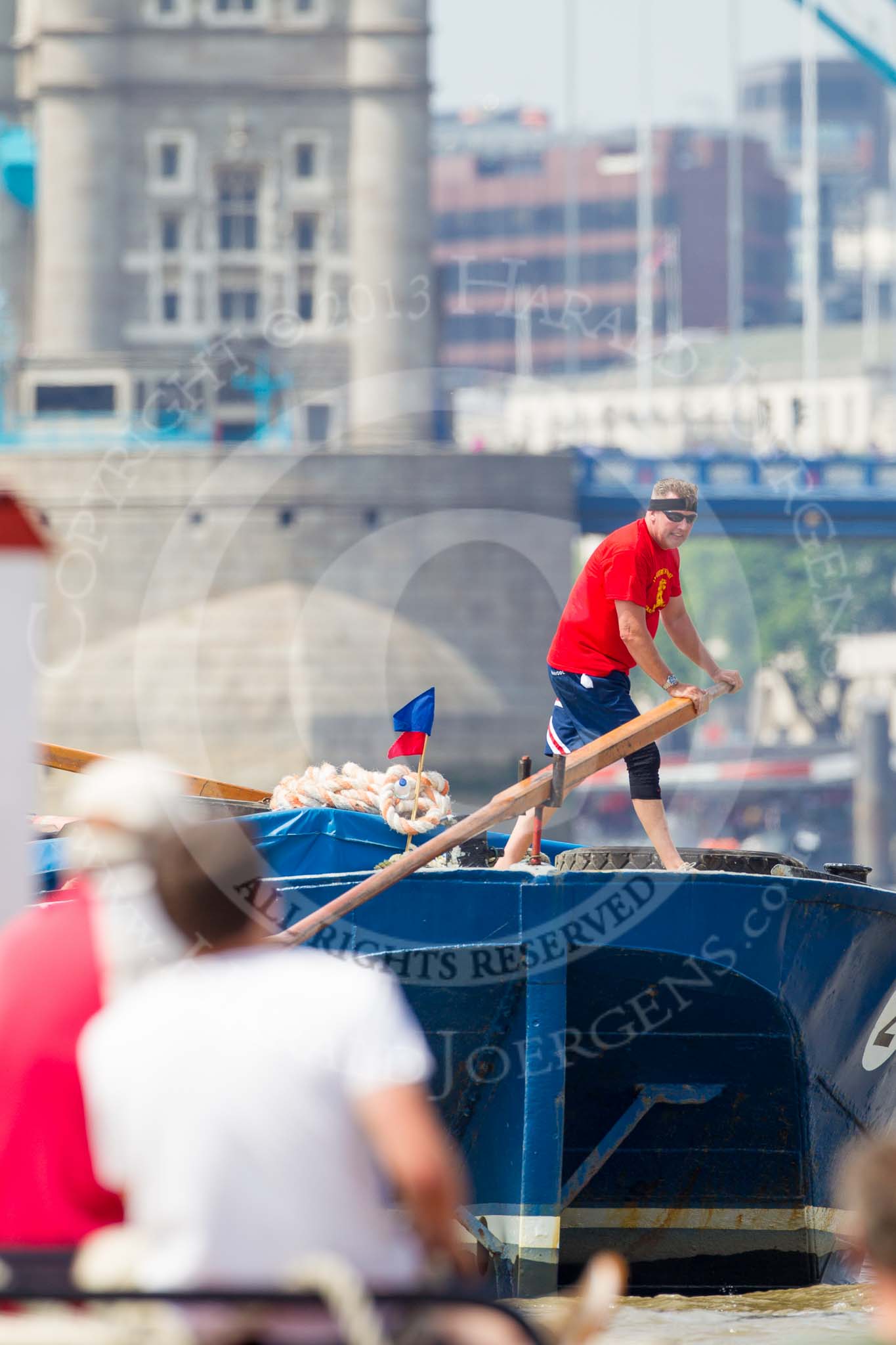 TOW River Thames Barge Driving Race 2013: Barge "Diana", by Trinity Buoy Wharf. approaching Tower Bridge..
River Thames between Greenwich and Westminster,
London,

United Kingdom,
on 13 July 2013 at 13:34, image #363