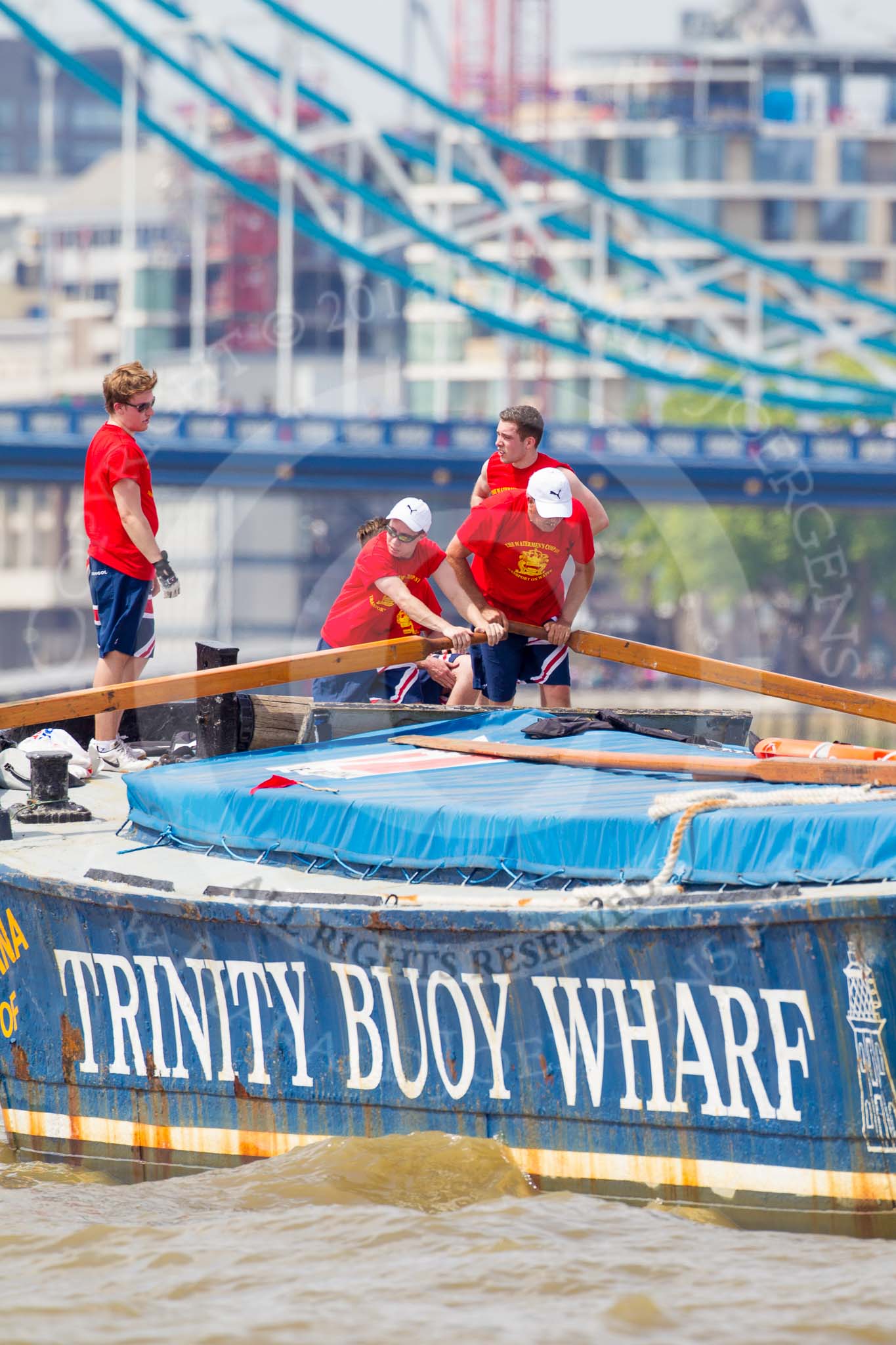 TOW River Thames Barge Driving Race 2013: Barge "Diana", by Trinity Buoy Wharf, approaching Tower Bridge..
River Thames between Greenwich and Westminster,
London,

United Kingdom,
on 13 July 2013 at 13:34, image #365