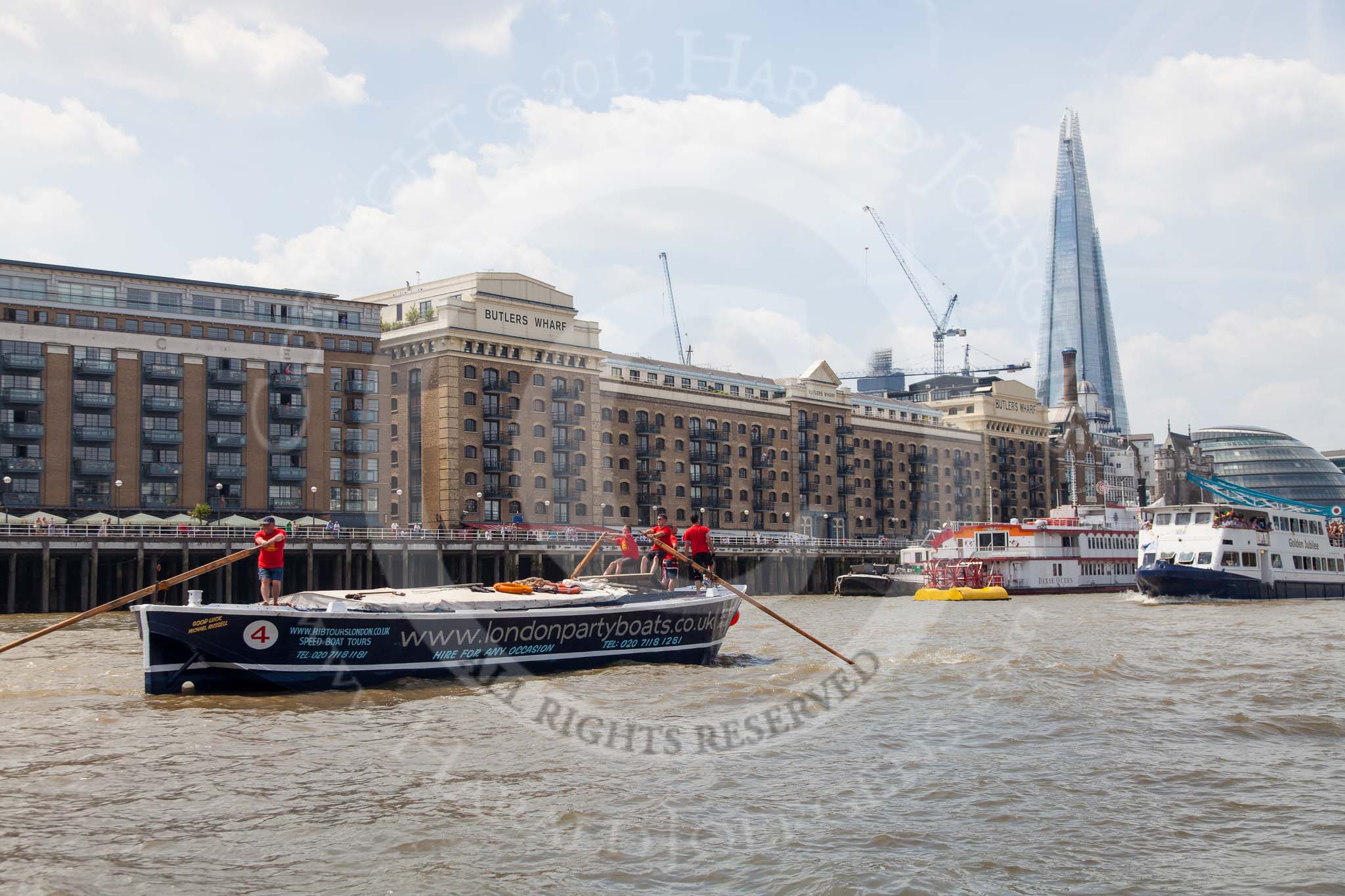 TOW River Thames Barge Driving Race 2013: Barge "Benjamin", by London Party Boats, in front of Butlers Wharf. On the right the Shard building, City Hall, and Tower Bridge..
River Thames between Greenwich and Westminster,
London,

United Kingdom,
on 13 July 2013 at 13:43, image #384