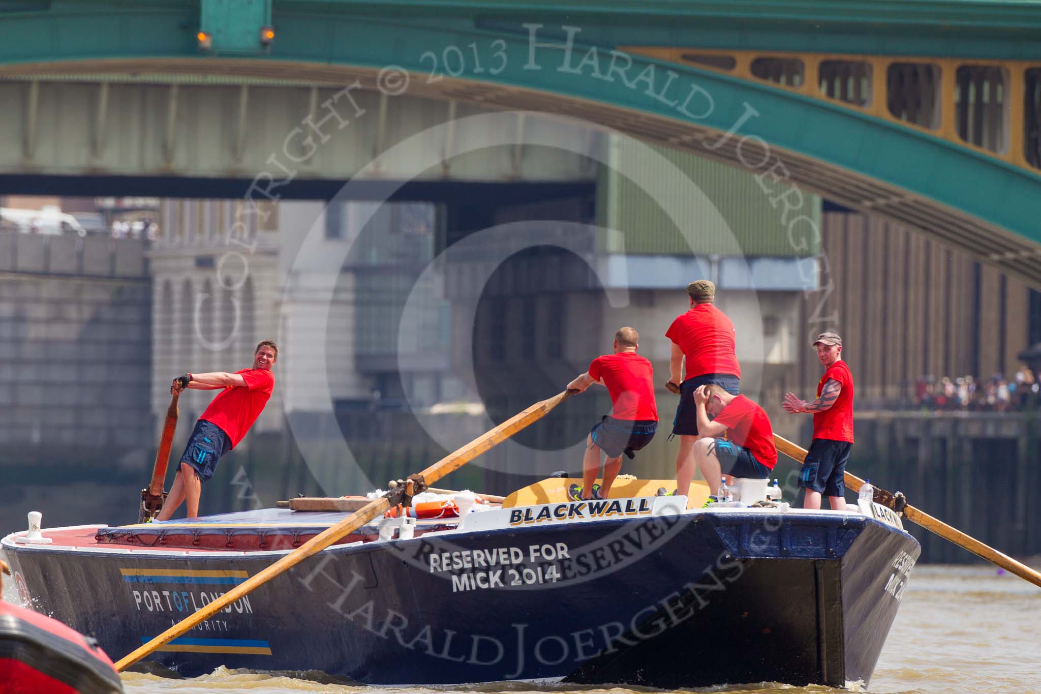 TOW River Thames Barge Driving Race 2013: Barge "Blackwall", by the Port of London Authority, passing Cannon Street Railway Bridge and Southwark Bridge..
River Thames between Greenwich and Westminster,
London,

United Kingdom,
on 13 July 2013 at 13:56, image #407