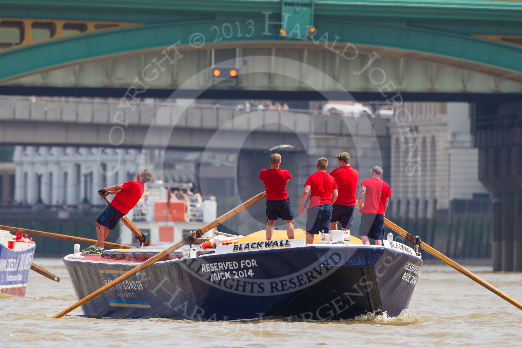 TOW River Thames Barge Driving Race 2013: Barge "Blackwall", by the Port of London Authority, followed by barge "Steve Faldo" by Capital Pleasure Boats. Behind them Cannon Street Railway Bridge and Southwark Bridge..
River Thames between Greenwich and Westminster,
London,

United Kingdom,
on 13 July 2013 at 13:57, image #408