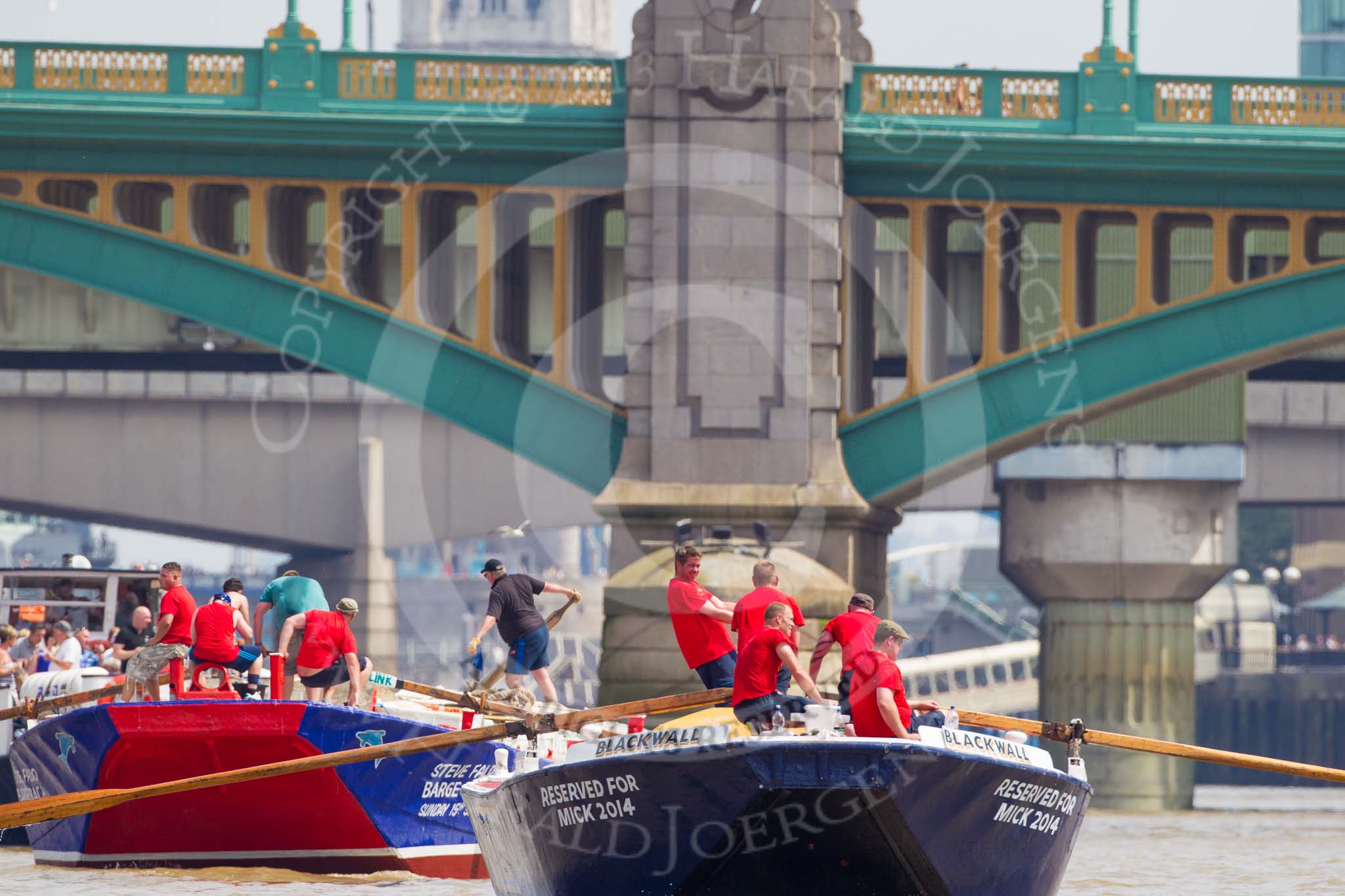 TOW River Thames Barge Driving Race 2013: Barge "Blackwall", by the Port of London Authority, followed by barge "Steve Faldo" by Capital Pleasure Boats. Behind them Cannon Street Railway Bridge and Southwark Bridge..
River Thames between Greenwich and Westminster,
London,

United Kingdom,
on 13 July 2013 at 13:57, image #410