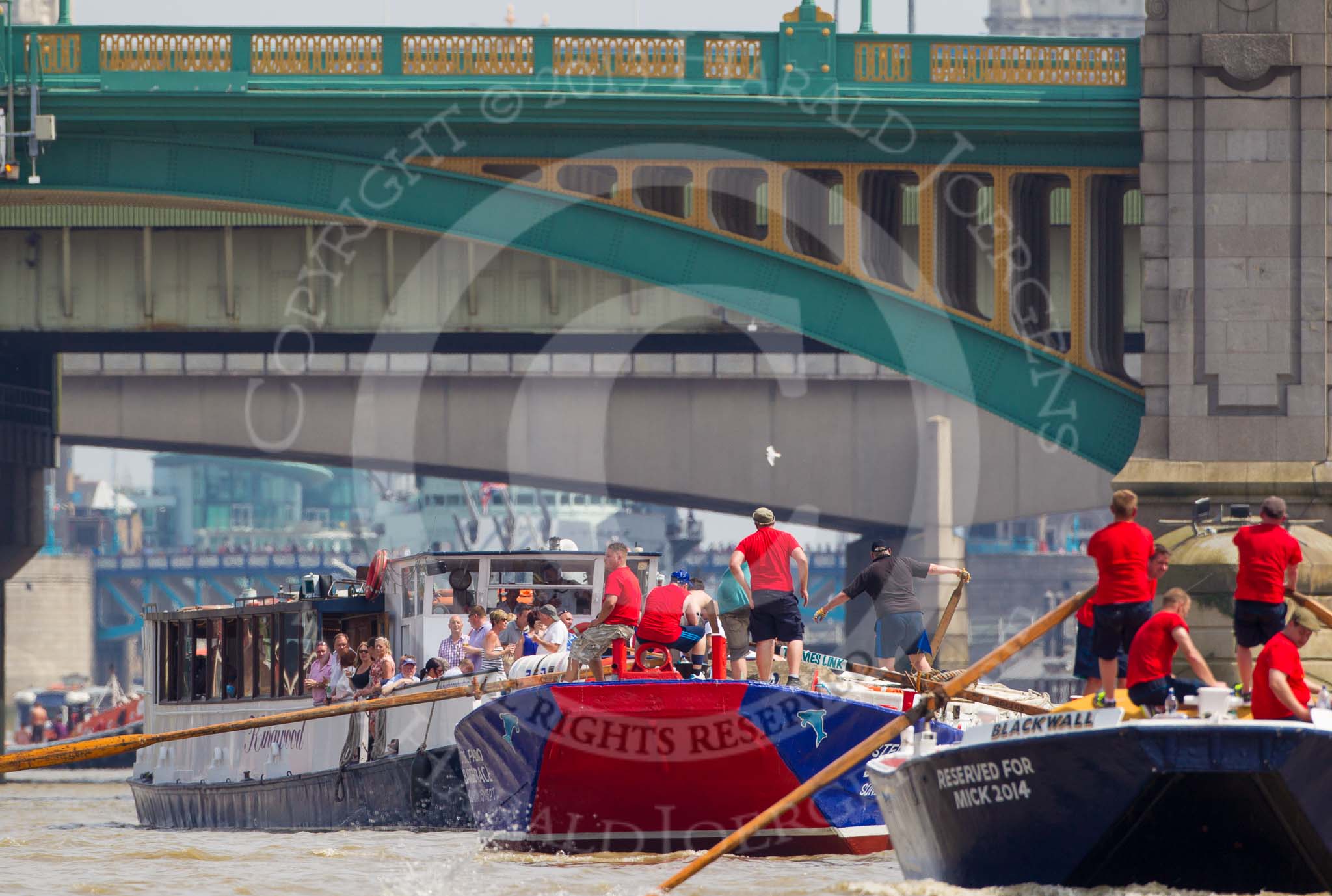 TOW River Thames Barge Driving Race 2013: Barge "Blackwall", by the Port of London Authority, followed by barge "Steve Faldo" by Capital Pleasure Boats. Behind them Cannon Street Railway Bridge and Southwark Bridge..
River Thames between Greenwich and Westminster,
London,

United Kingdom,
on 13 July 2013 at 13:57, image #411