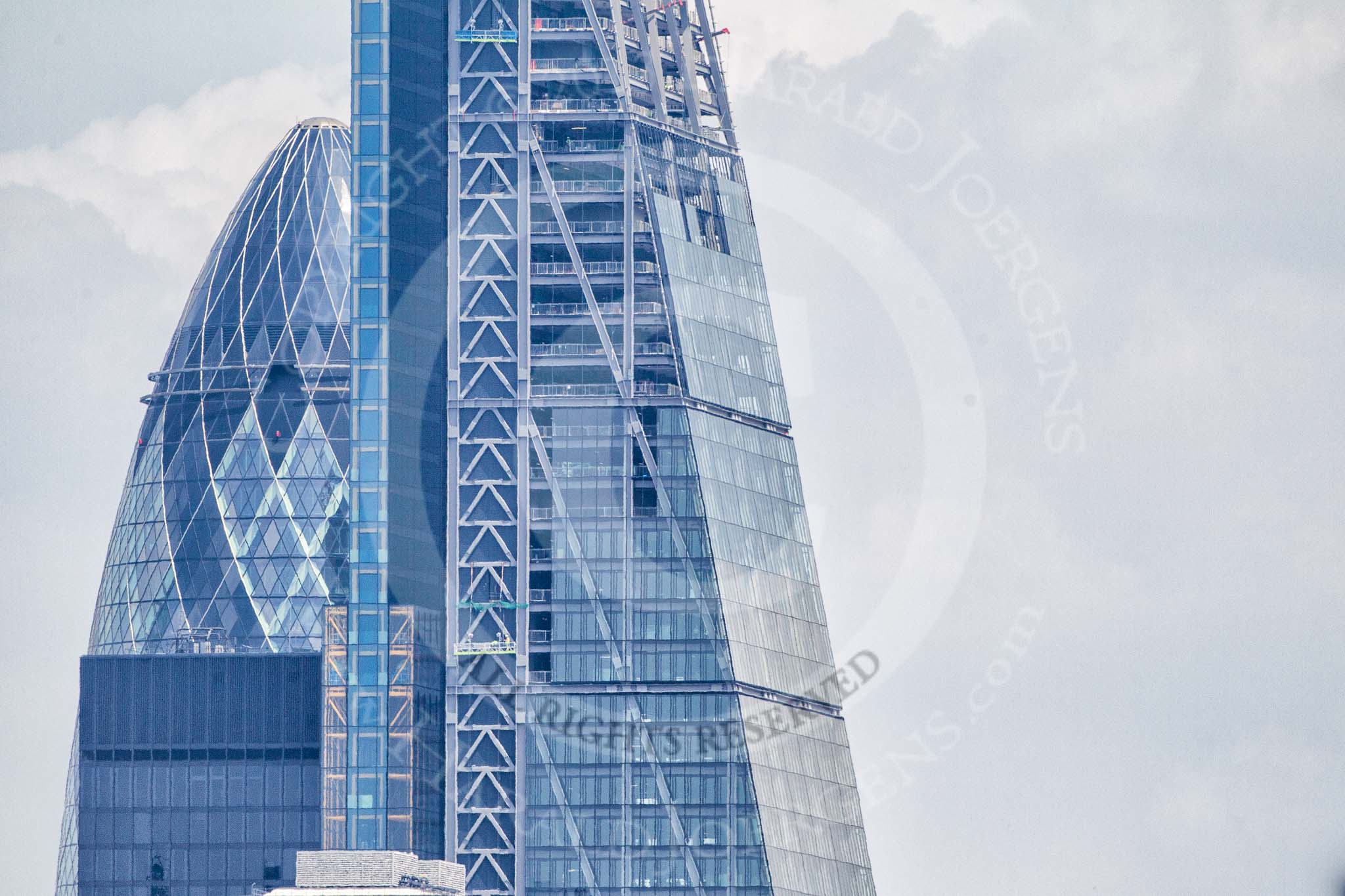 TOW River Thames Barge Driving Race 2013: London skyscrapers - the "Cheesegrater" building (122 Leadenhall Street) and the "Gherkin" (30 St Mary Axe) together..
River Thames between Greenwich and Westminster,
London,

United Kingdom,
on 13 July 2013 at 14:00, image #413