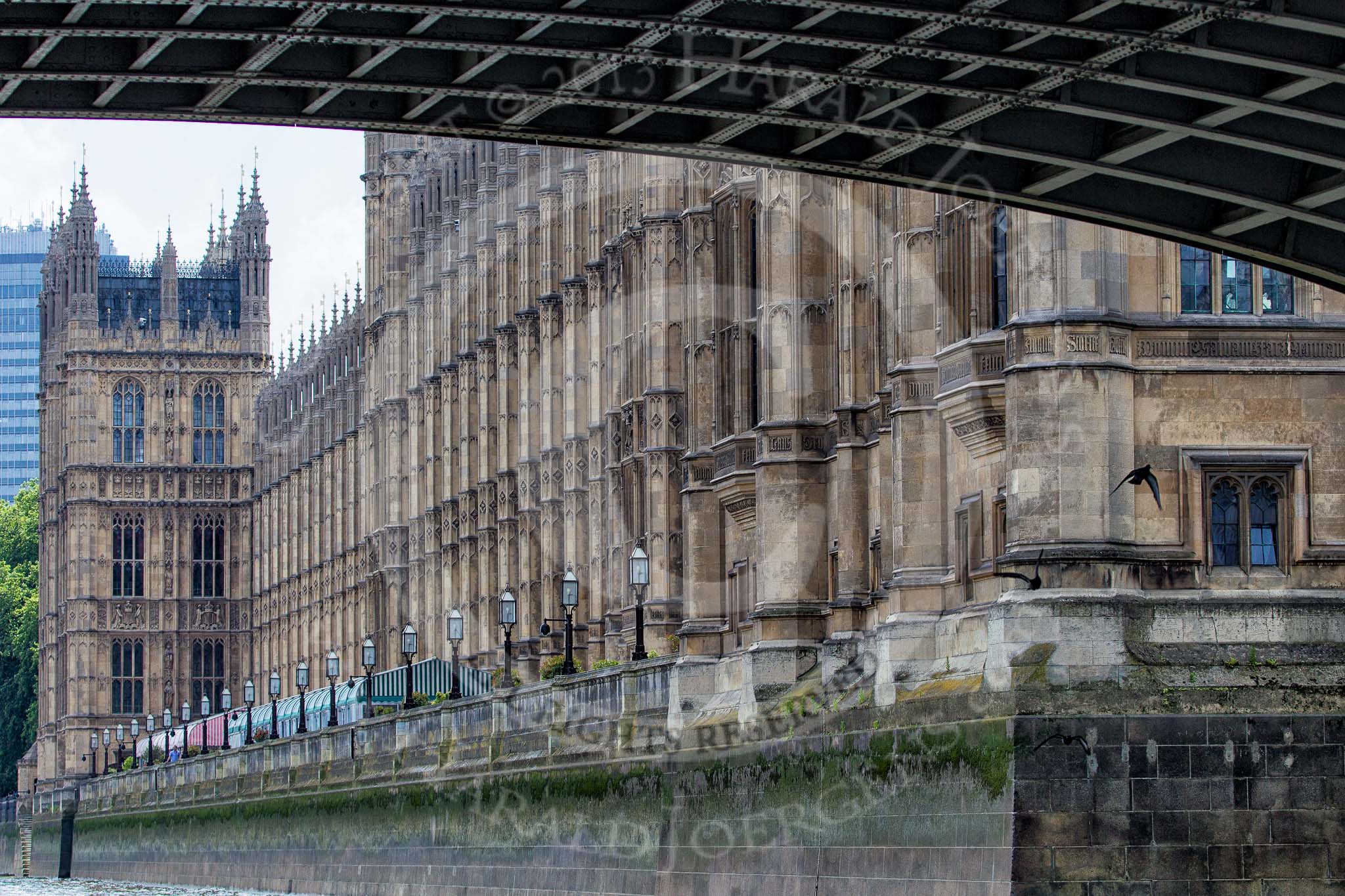 TOW River Thames Barge Driving Race 2013: The Palace of Westminster (House of Parliament) seen from the river under Westminster Bridge..
River Thames between Greenwich and Westminster,
London,

United Kingdom,
on 13 July 2013 at 14:14, image #414