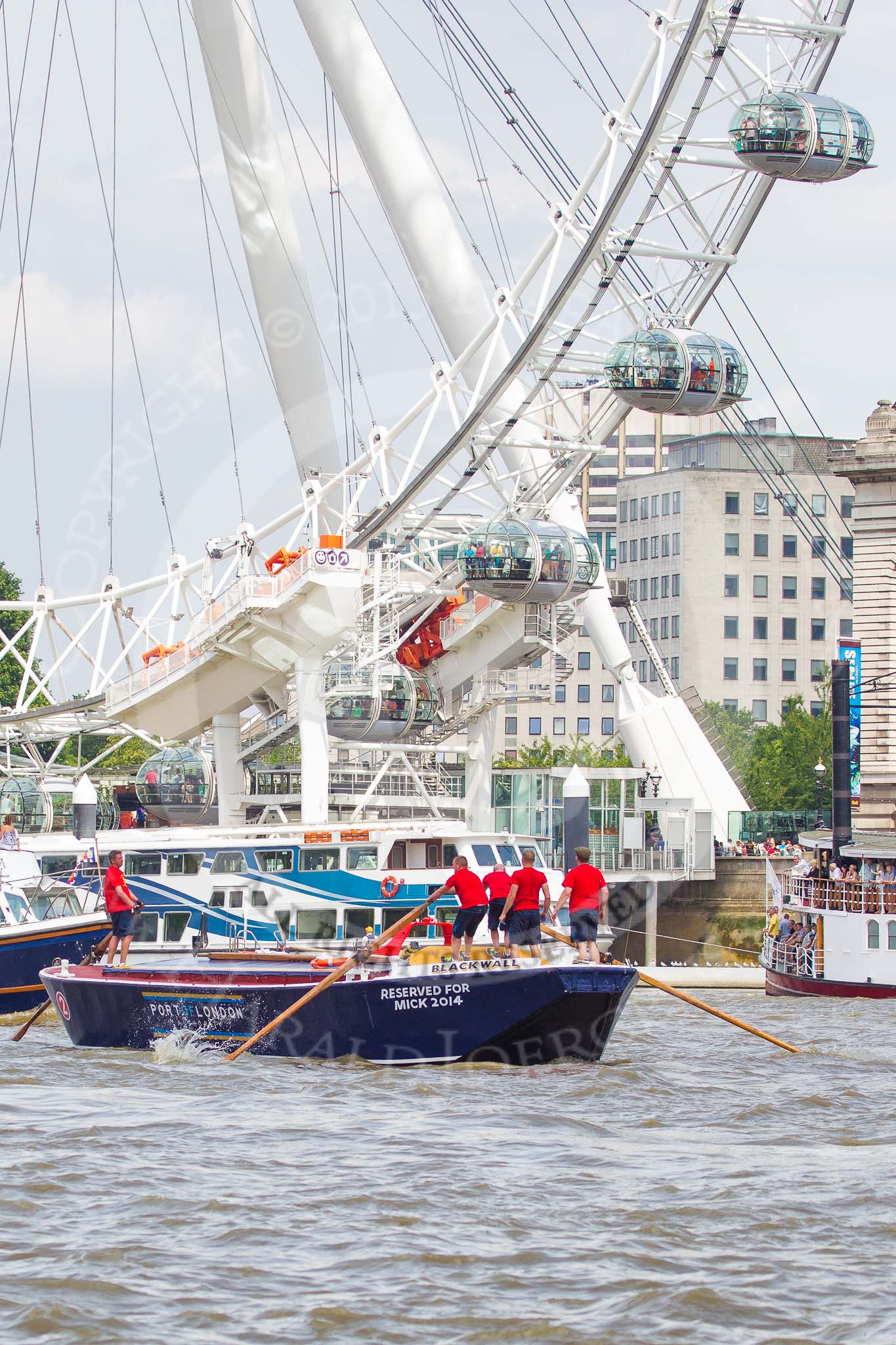 TOW River Thames Barge Driving Race 2013: Barge "Blackwall", by the Port of London Authority, at the London Eye, close to the finish of the race at Westminster Bridge..
River Thames between Greenwich and Westminster,
London,

United Kingdom,
on 13 July 2013 at 14:16, image #416