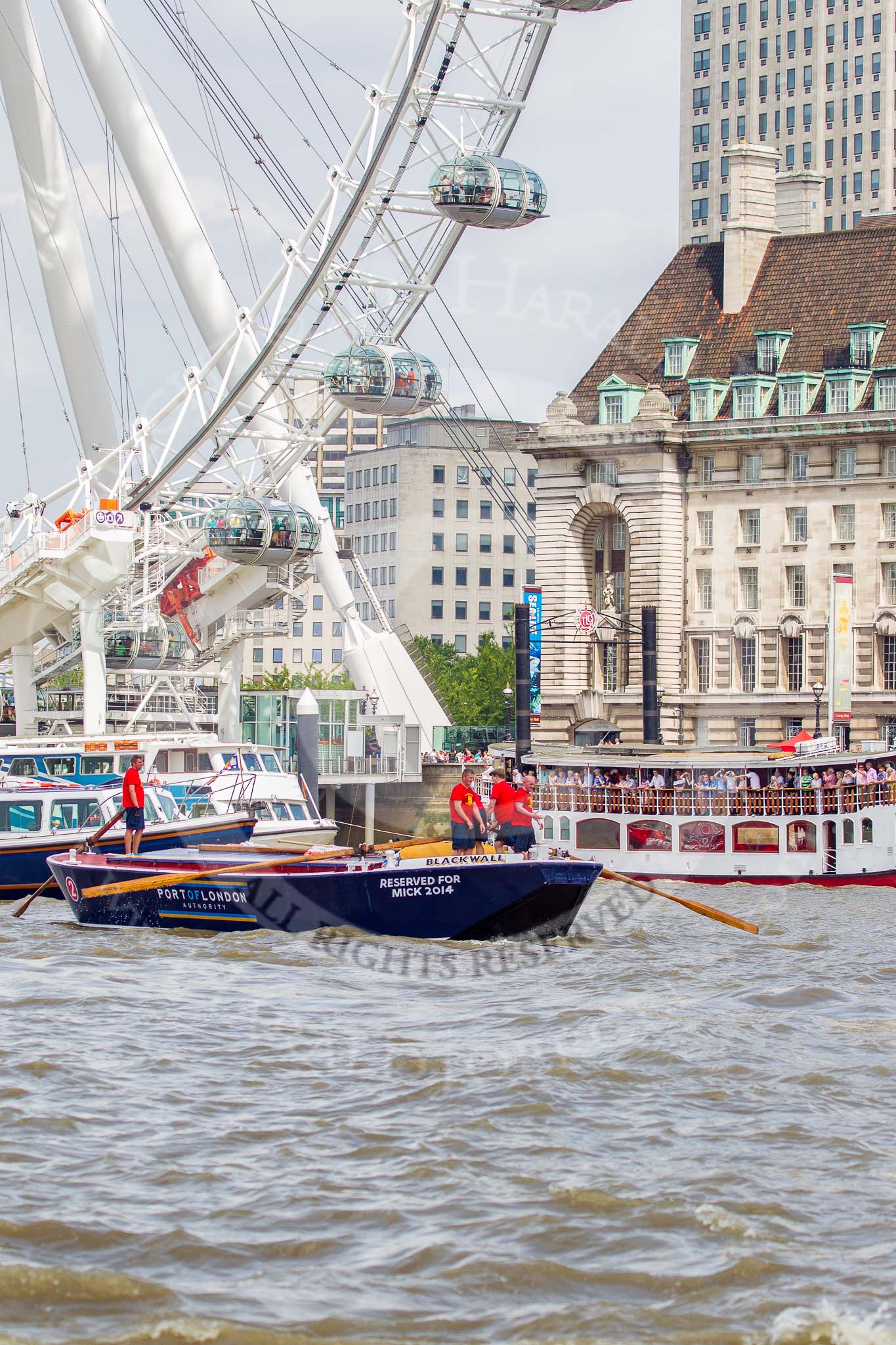 TOW River Thames Barge Driving Race 2013: Barge "Blackwall", by the Port of London Authority, at the London Eye, close to the finish of the race at Westminster Bridge..
River Thames between Greenwich and Westminster,
London,

United Kingdom,
on 13 July 2013 at 14:16, image #418