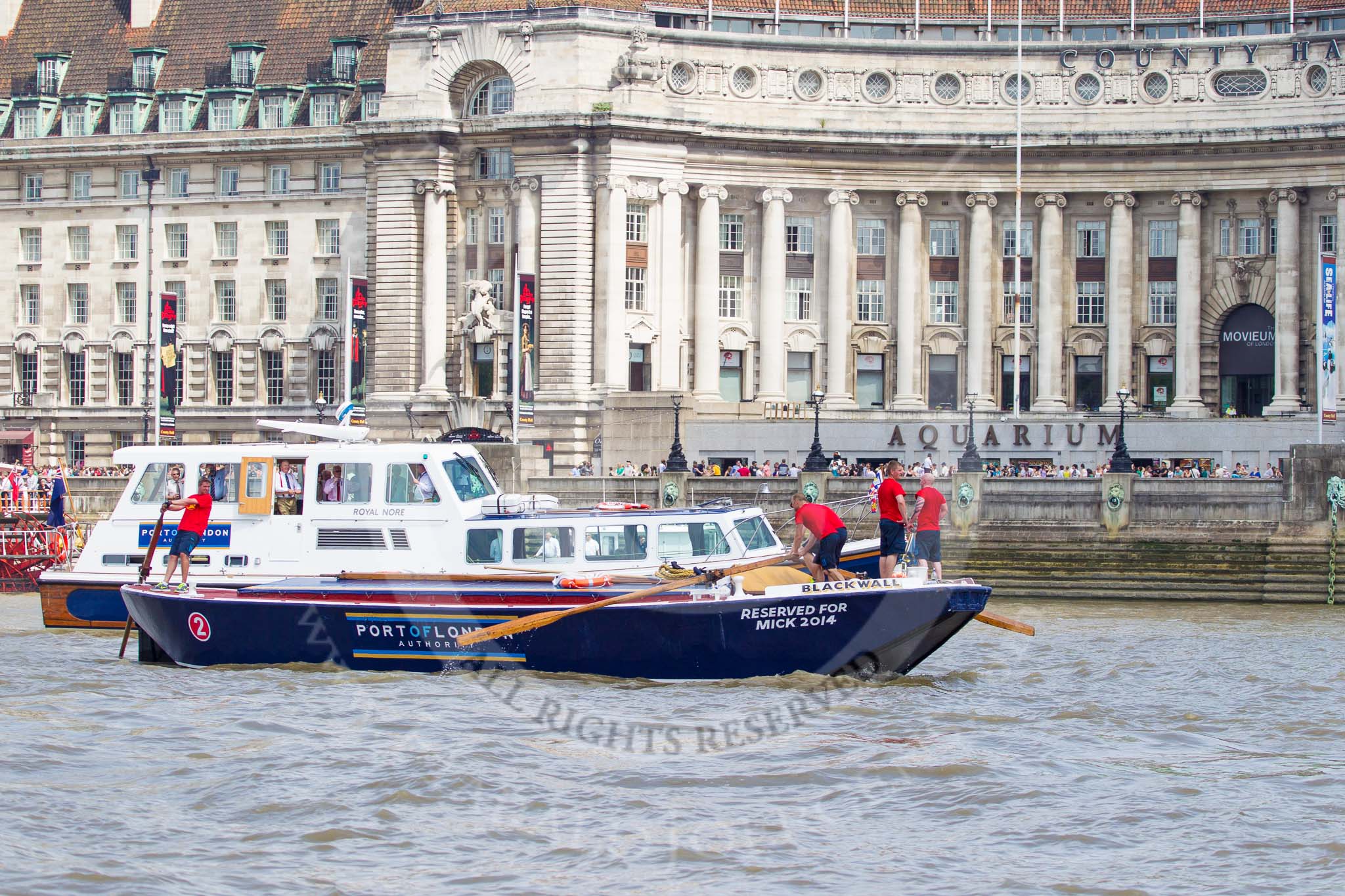 TOW River Thames Barge Driving Race 2013: Barge "Blackwall", by the Port of London Authority, at the London Aquarium, close to the finish of the race at Westminster Bridge..
River Thames between Greenwich and Westminster,
London,

United Kingdom,
on 13 July 2013 at 14:16, image #419