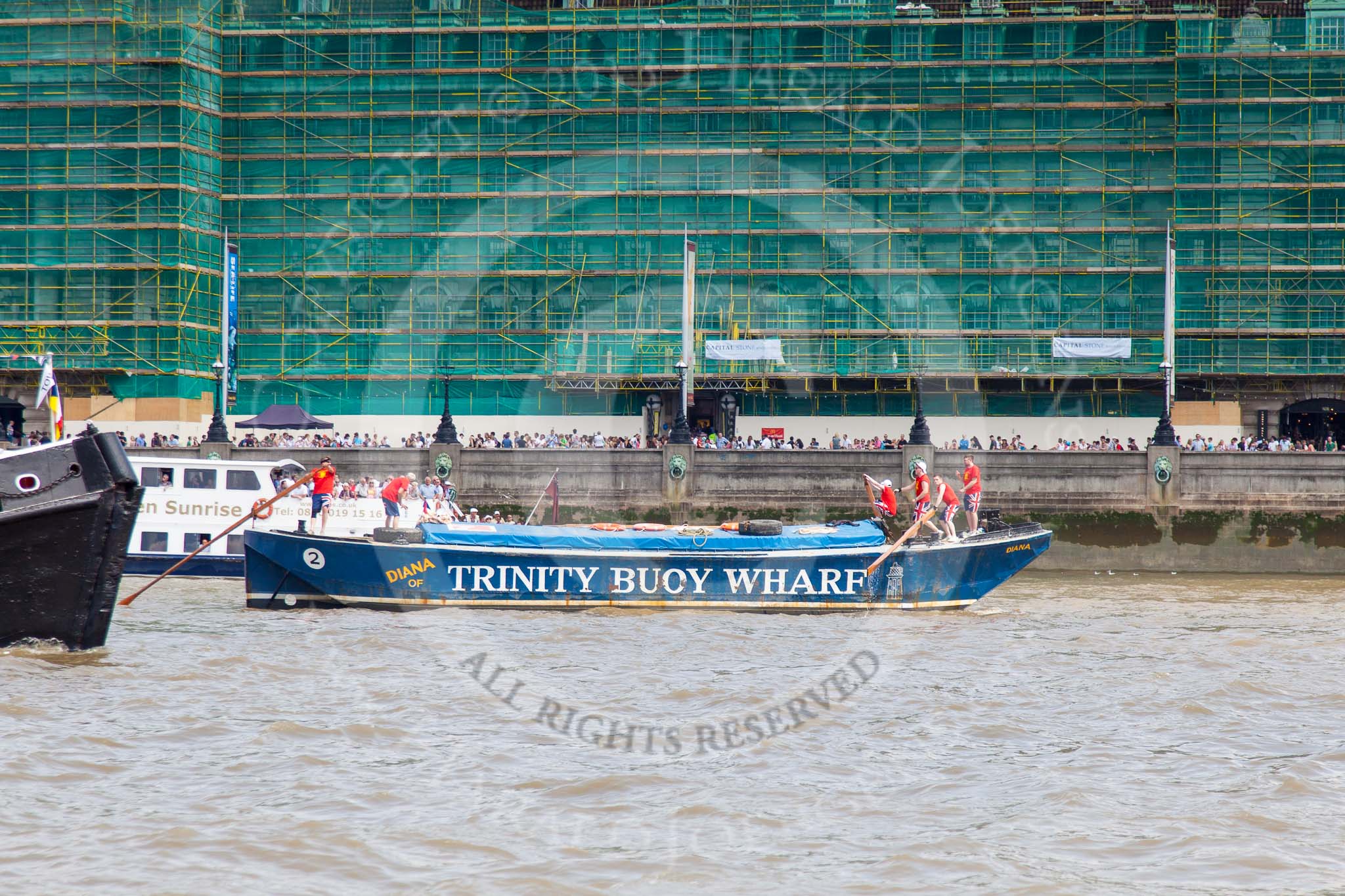 TOW River Thames Barge Driving Race 2013: Barge "Diana", by Trinity Buoy Wharf, approaching the finish of the race at Westminster Bridge..
River Thames between Greenwich and Westminster,
London,

United Kingdom,
on 13 July 2013 at 14:18, image #427