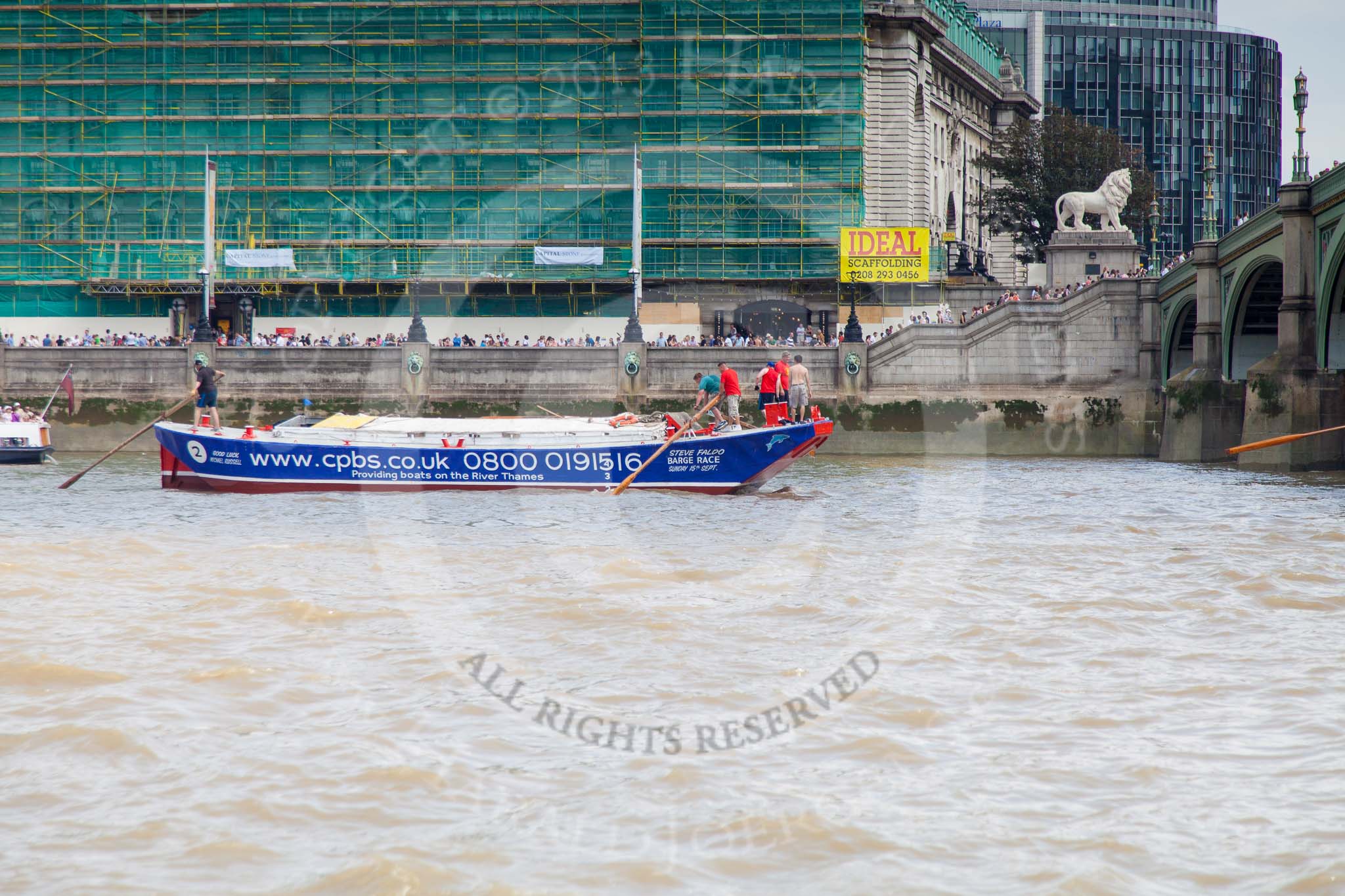 TOW River Thames Barge Driving Race 2013: Barge barge "Steve Faldo" by Capital Pleasure Boats, approaching the finish of the race at Westminster Bridge..
River Thames between Greenwich and Westminster,
London,

United Kingdom,
on 13 July 2013 at 14:18, image #429