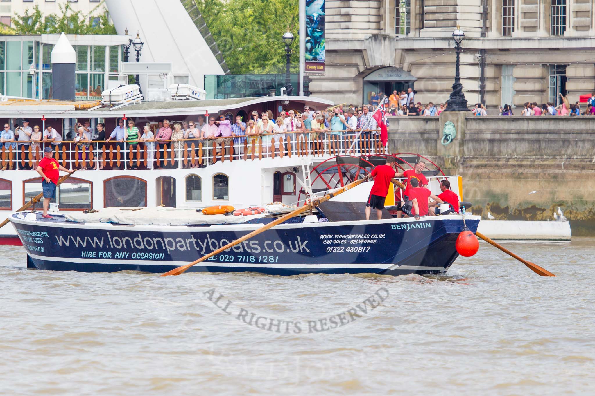 TOW River Thames Barge Driving Race 2013: Barge "Benjamin", by London Party Boats, at the London Eye, close to the finish of the race at Westminster Bridge..
River Thames between Greenwich and Westminster,
London,

United Kingdom,
on 13 July 2013 at 14:19, image #431