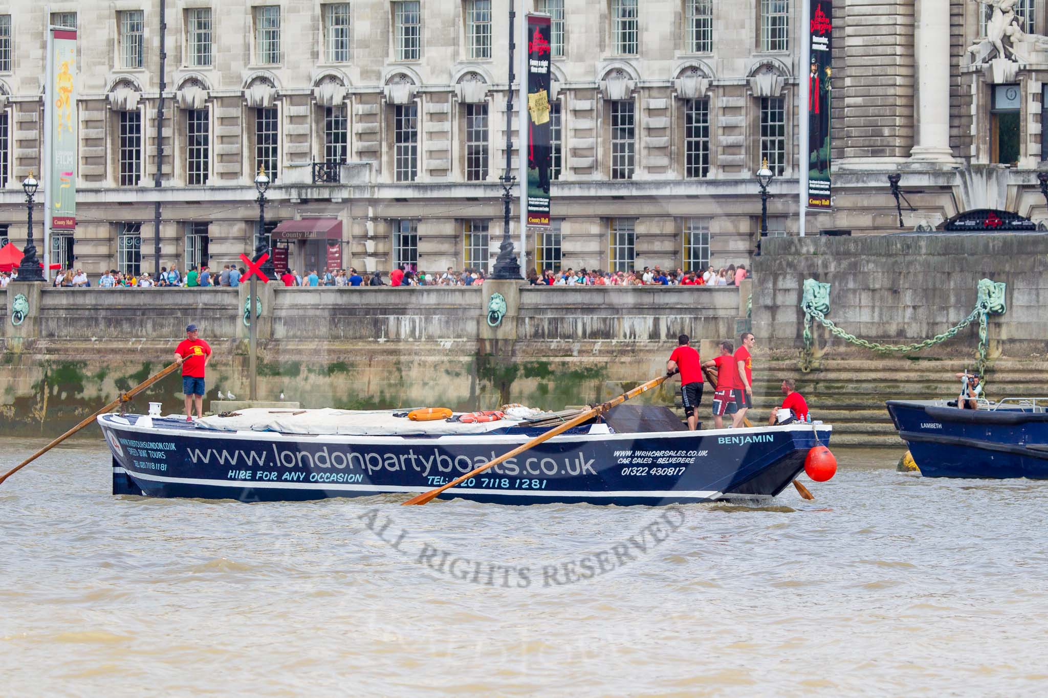 TOW River Thames Barge Driving Race 2013: Barge "Benjamin", by London Party Boats, at the London Aquarium, close to the finish of the race at Westminster Bridge..
River Thames between Greenwich and Westminster,
London,

United Kingdom,
on 13 July 2013 at 14:19, image #432