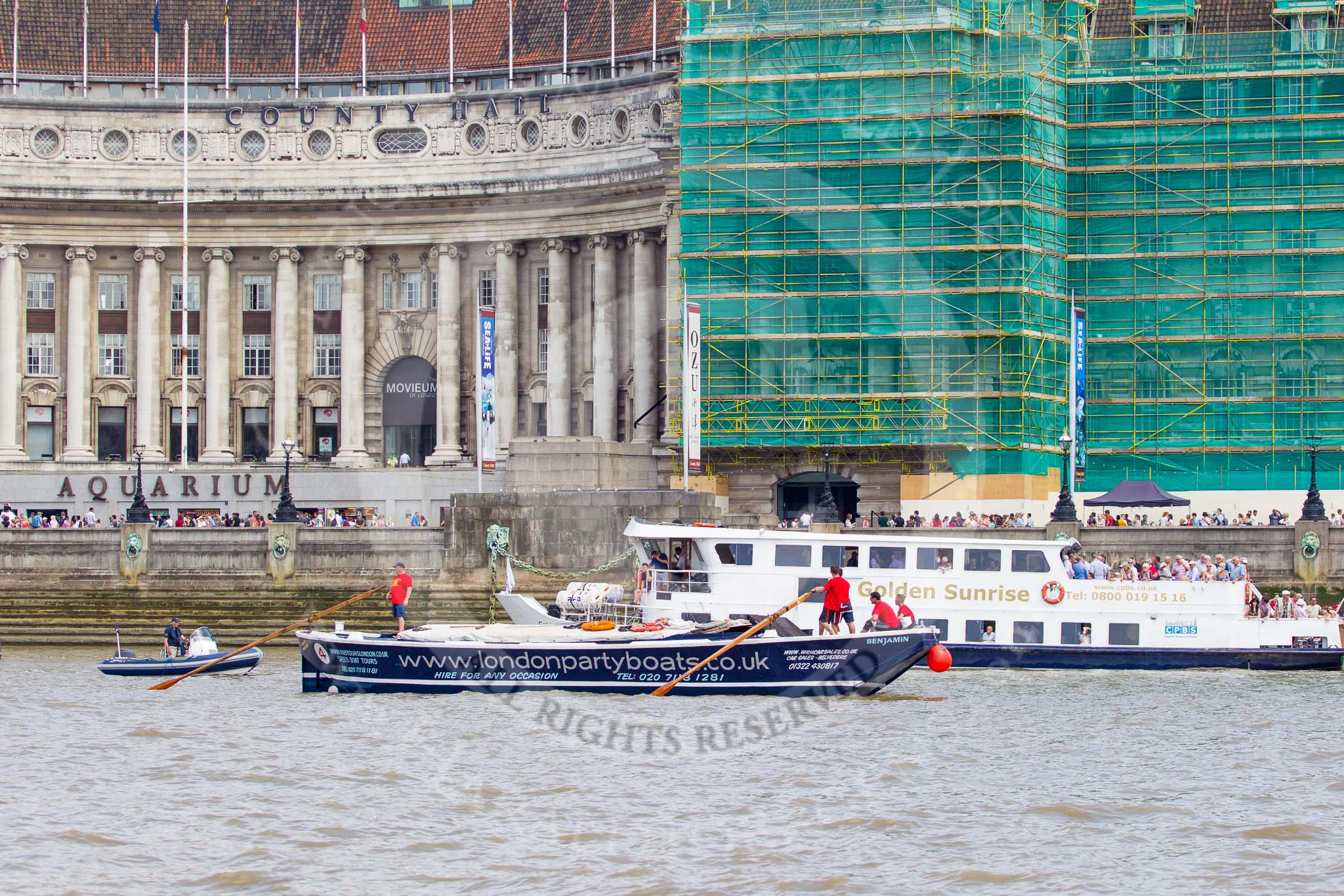 TOW River Thames Barge Driving Race 2013: Barge "Benjamin", by London Party Boats, at the London Aquarium, close to the finish of the race at Westminster Bridge..
River Thames between Greenwich and Westminster,
London,

United Kingdom,
on 13 July 2013 at 14:19, image #434