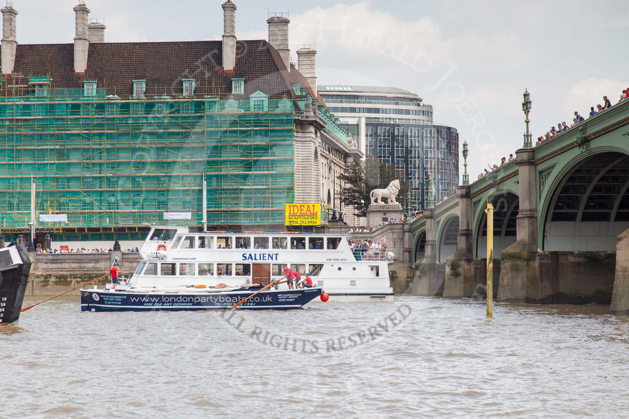 TOW River Thames Barge Driving Race 2013: Barge "Benjamin", by London Party Boats, at the London Aquarium, yards away from the finish of the race at Westminster Bridge..
River Thames between Greenwich and Westminster,
London,

United Kingdom,
on 13 July 2013 at 14:20, image #435