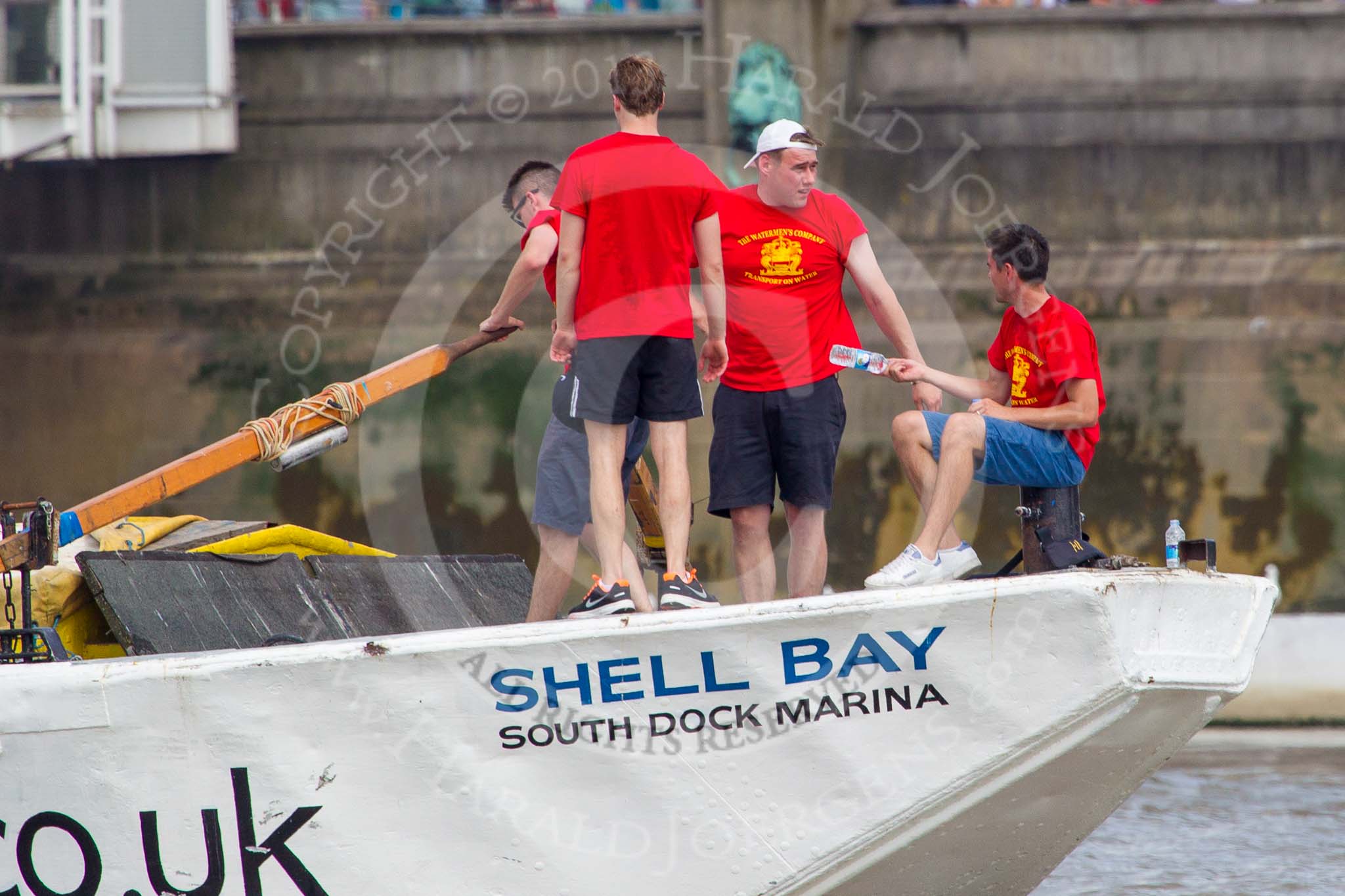 TOW River Thames Barge Driving Race 2013: Barge ""Shell Bay" by South Dock Marina, approaching the finish of the race at Westminster Bridge..
River Thames between Greenwich and Westminster,
London,

United Kingdom,
on 13 July 2013 at 14:23, image #443