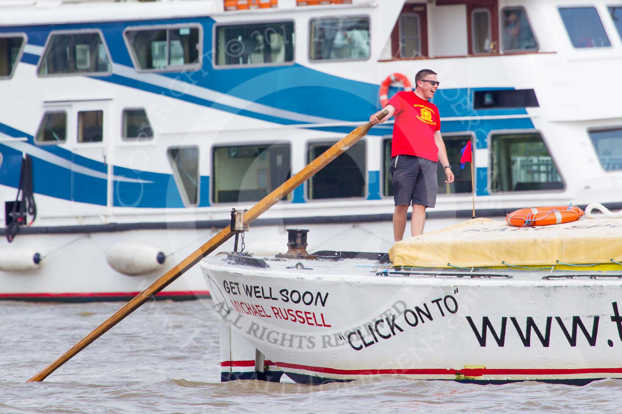 TOW River Thames Barge Driving Race 2013: Barge ""Shell Bay" by South Dock Marina, approaching the finish of the race at Westminster Bridge..
River Thames between Greenwich and Westminster,
London,

United Kingdom,
on 13 July 2013 at 14:23, image #444