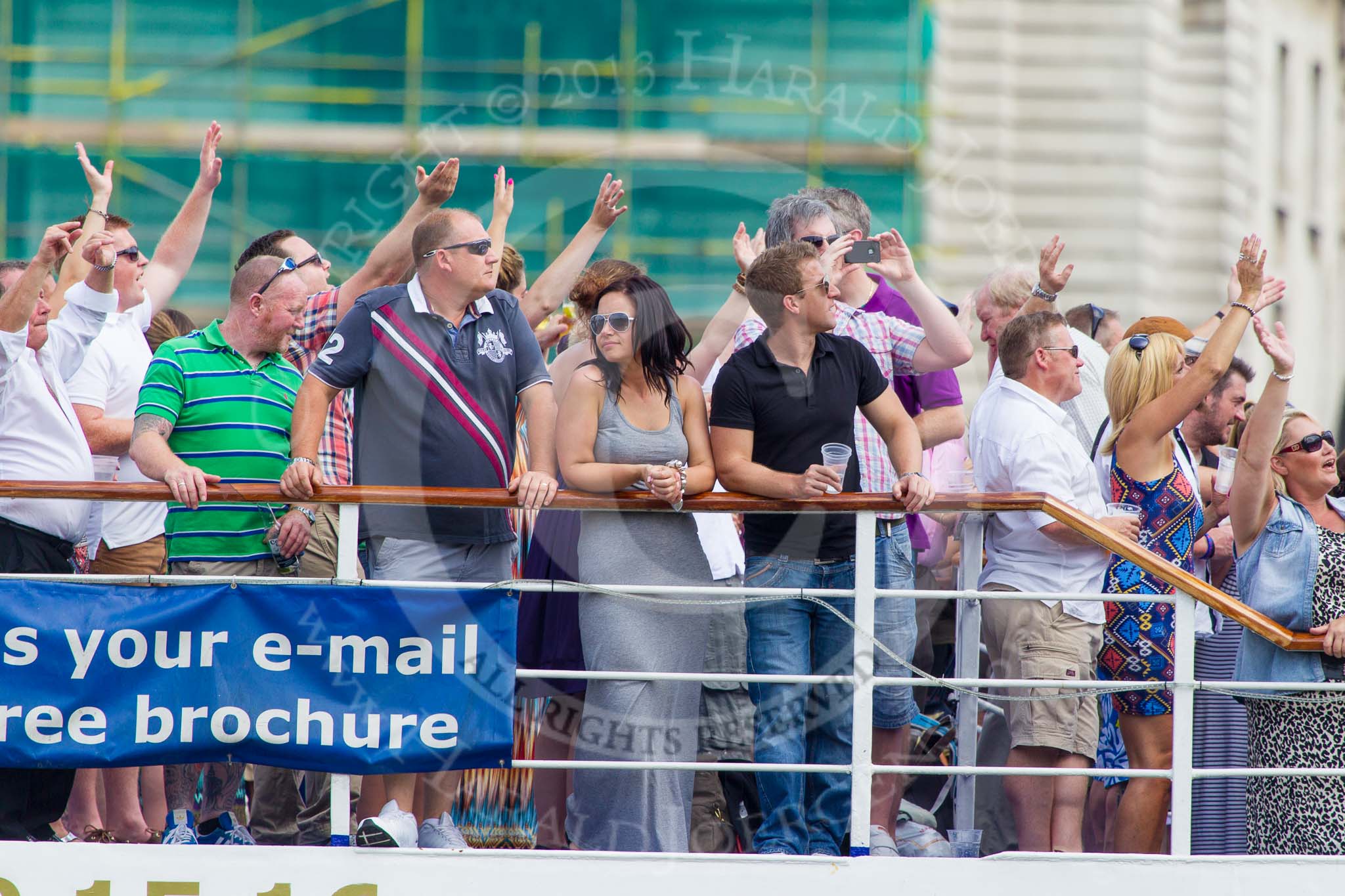 TOW River Thames Barge Driving Race 2013: Spectators on board of pleasure boat "Golden Jubilee" by Capital Pleasure Boats (www.cpbs.co.uk)..
River Thames between Greenwich and Westminster,
London,

United Kingdom,
on 13 July 2013 at 14:25, image #454