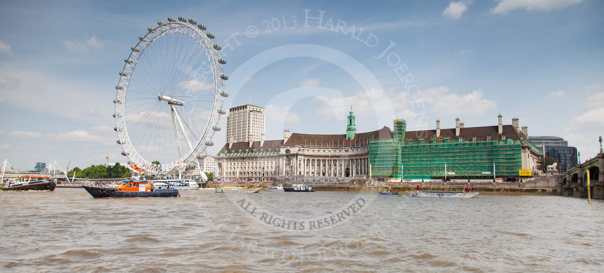 TOW River Thames Barge Driving Race 2013: Barge "Spirit of Mountabatten", by Mechanical Movements and Enabling Services Ltd, and barge "Hoppy", by GPS Fabrication, in a wide angle view including the London Eye and the London Aquarium, close to the finish of the race at Westminster Bridge, on the very right..
River Thames between Greenwich and Westminster,
London,

United Kingdom,
on 13 July 2013 at 14:26, image #461