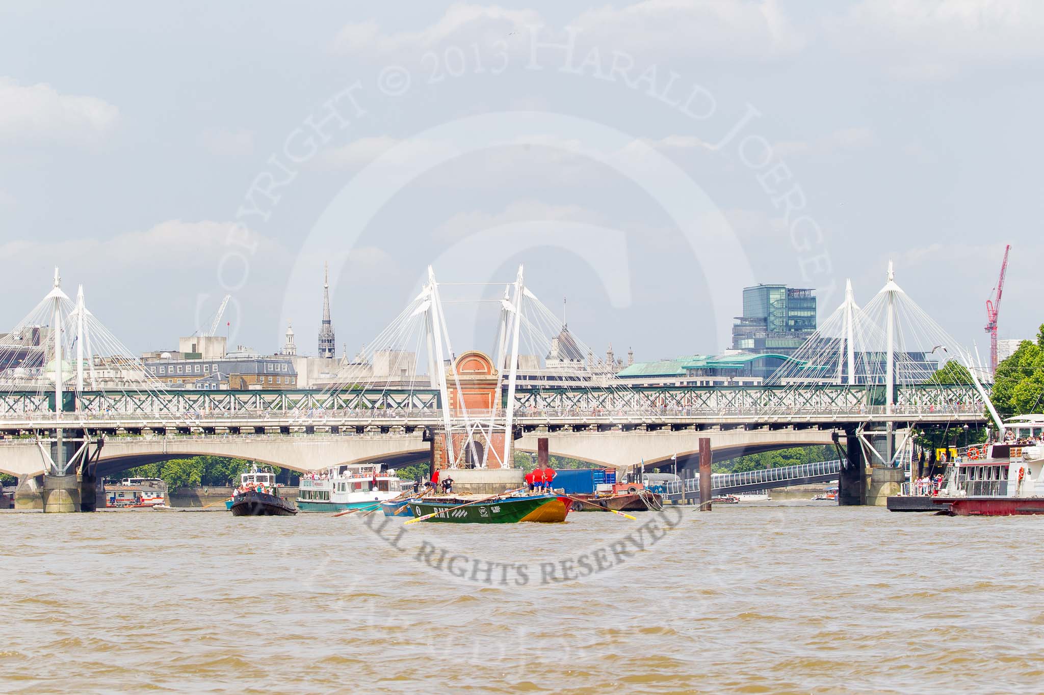 TOW River Thames Barge Driving Race 2013: Barge "Jane", by the RMT Union, passing Hungerford Bridge, followed by barge "Darren Lacey", by Princess Pocahontas..
River Thames between Greenwich and Westminster,
London,

United Kingdom,
on 13 July 2013 at 14:27, image #467