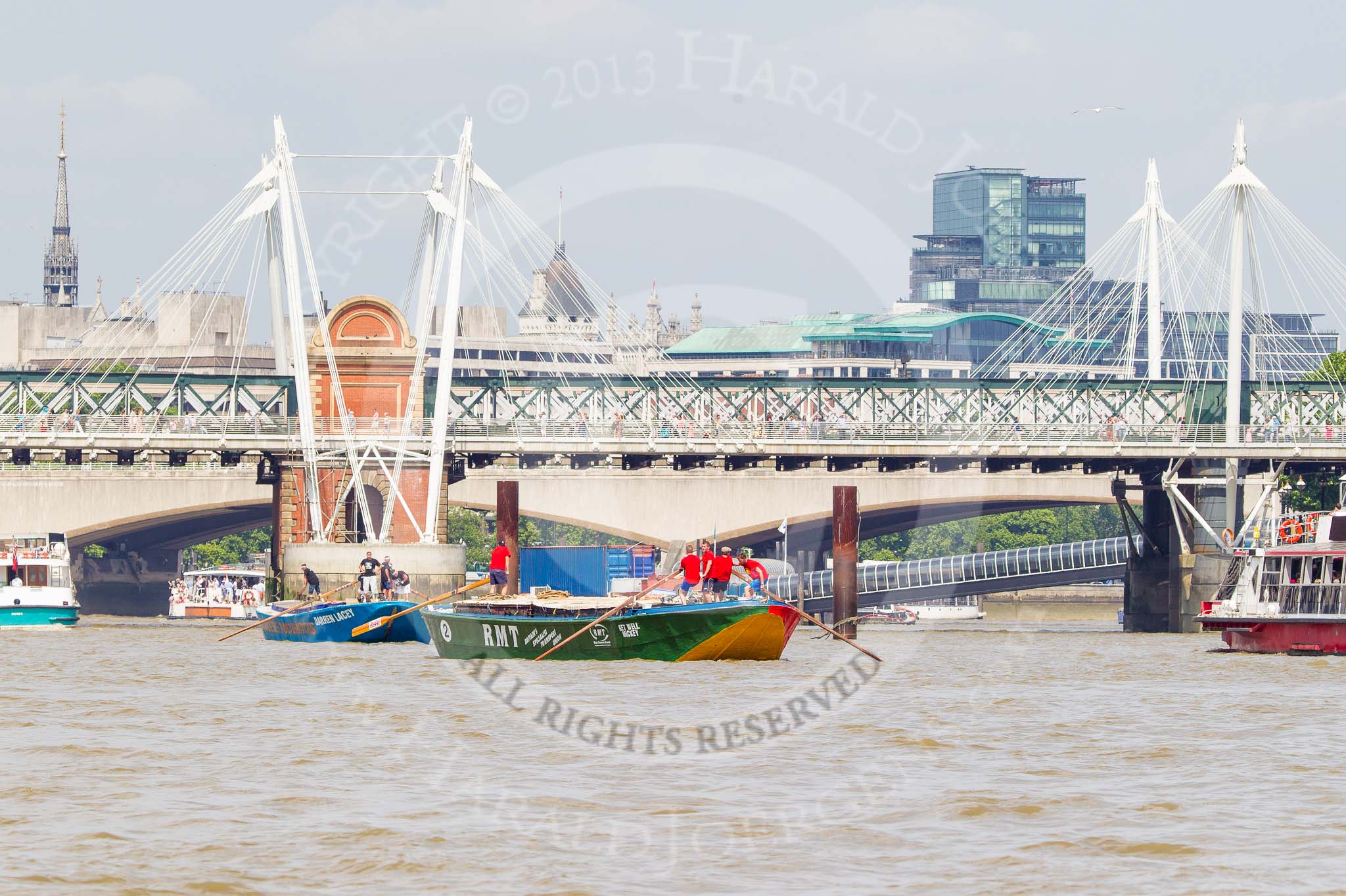 TOW River Thames Barge Driving Race 2013: Barge "Jane", by the RMT Union, passing Hungerford Bridge, followed by barge "Darren Lacey", by Princess Pocahontas..
River Thames between Greenwich and Westminster,
London,

United Kingdom,
on 13 July 2013 at 14:27, image #468