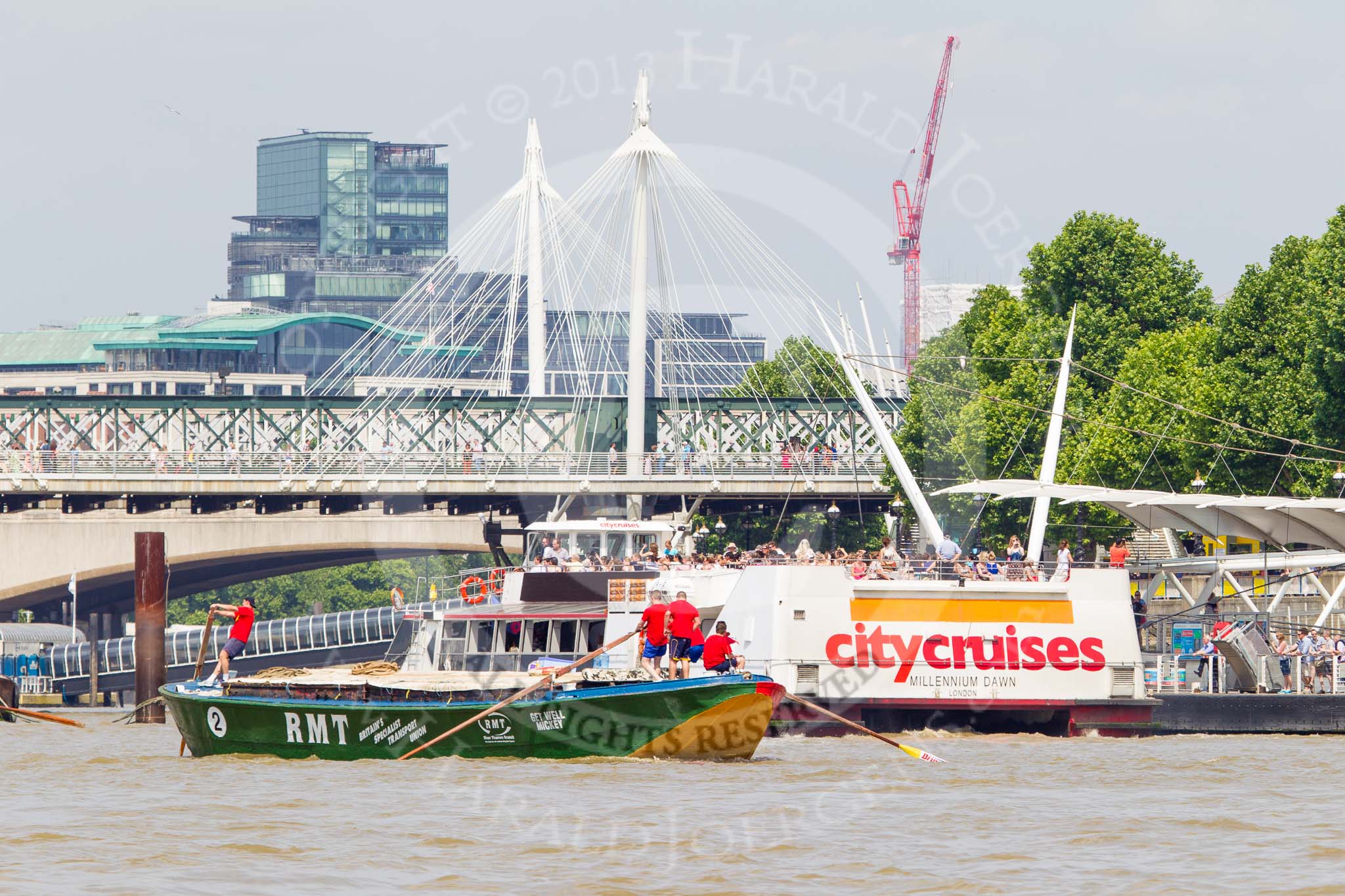 TOW River Thames Barge Driving Race 2013: Barge "Jane", by the RMT Union, passing Hungerford Bridge..
River Thames between Greenwich and Westminster,
London,

United Kingdom,
on 13 July 2013 at 14:28, image #469