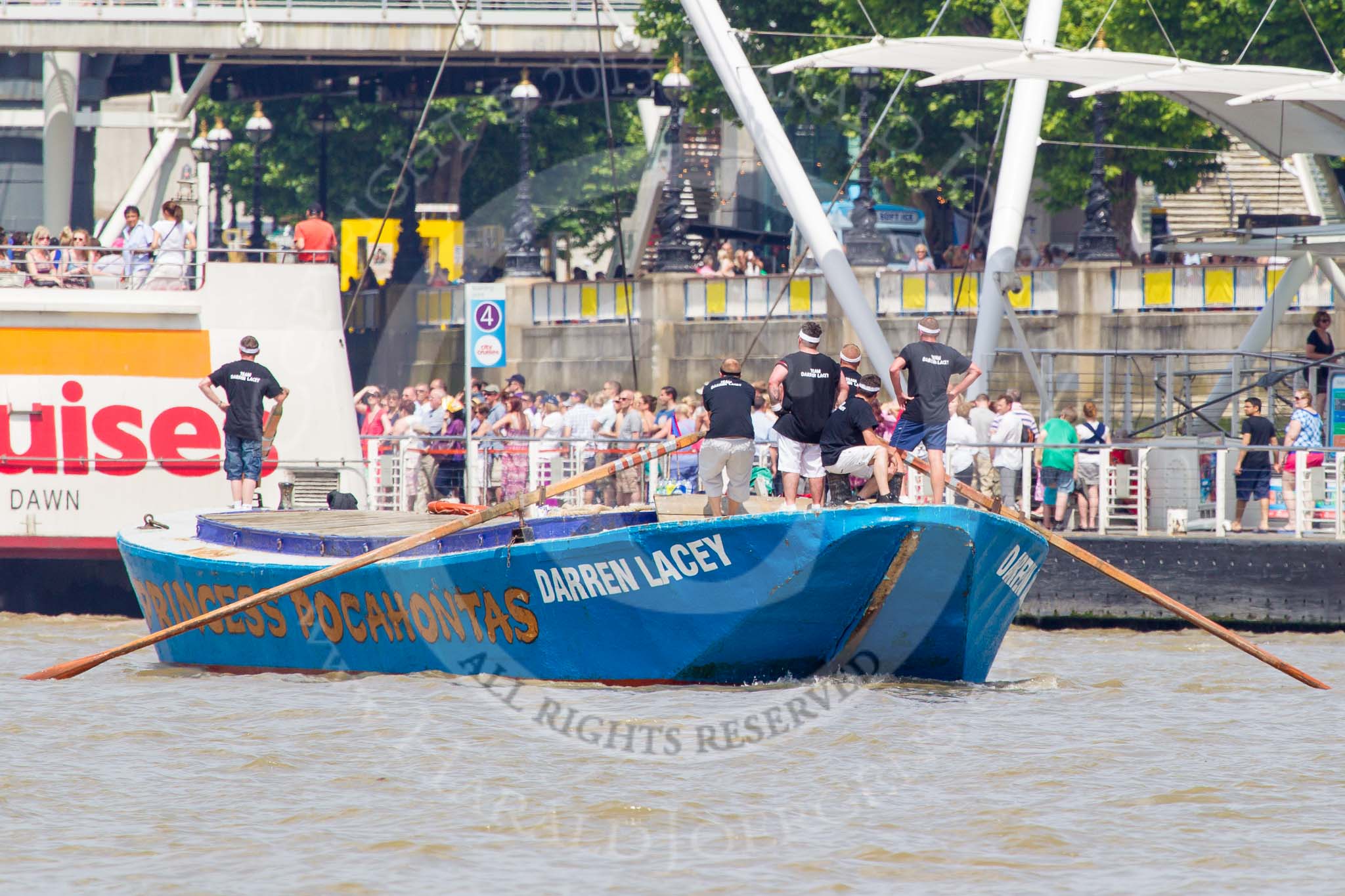 Photo 1307131428581D45547HaraldJoergens TOW River Thames Barge Driving Race 2013: Barge "Darren Lacey", by Princess Pocahontas, at Hungerford Bridge and the London Eye, close to the race finish at Westminster Bridge..
River Thames between Greenwich and Westminster,
London,
United Kingdom,
on 13 July 2013 at 14:29, image #473