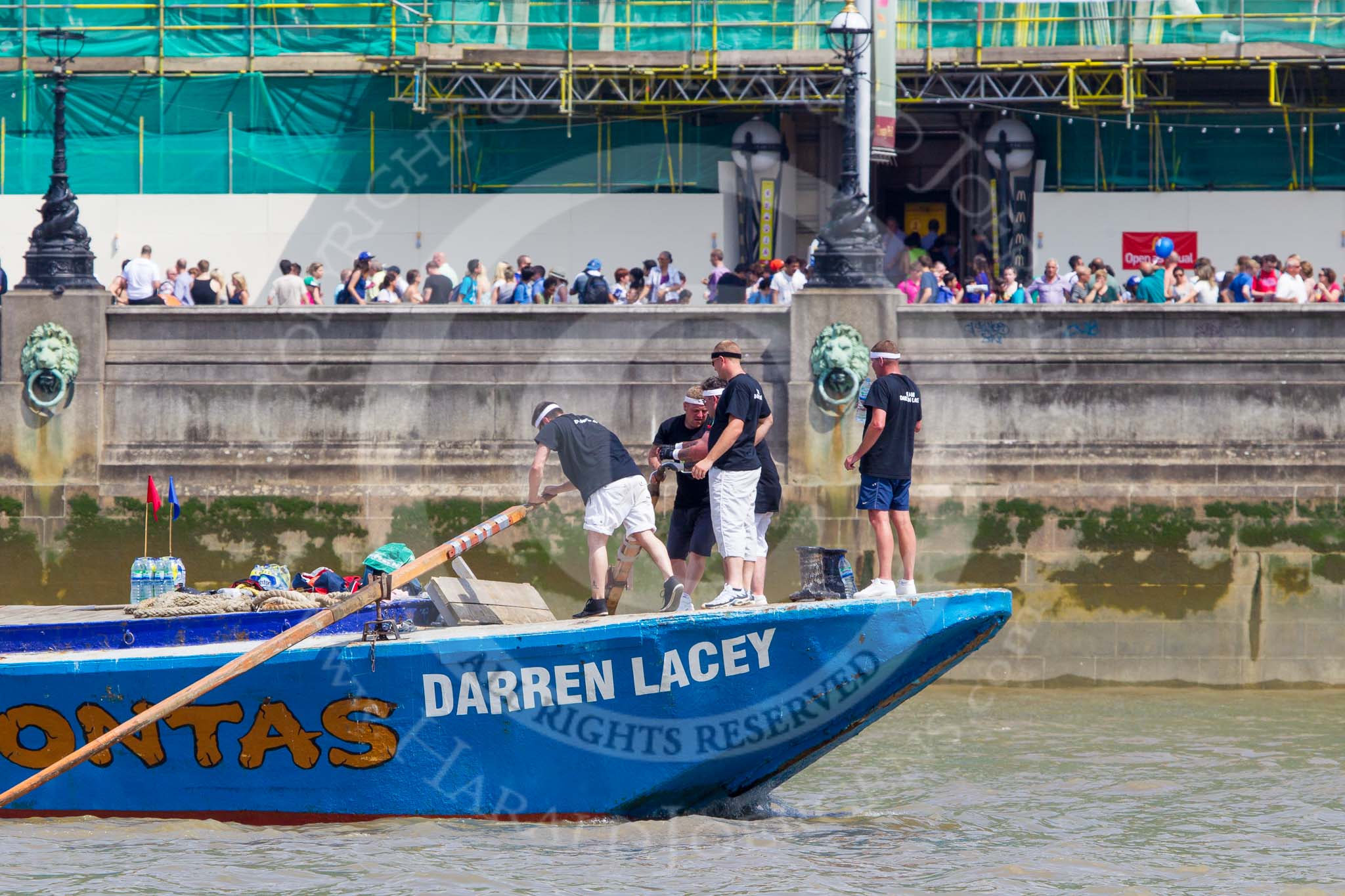 TOW River Thames Barge Driving Race 2013: Barge "Darren Lacey", by Princess Pocahontas, approaching the race finish at Westminster Bridge..
River Thames between Greenwich and Westminster,
London,

United Kingdom,
on 13 July 2013 at 14:30, image #478