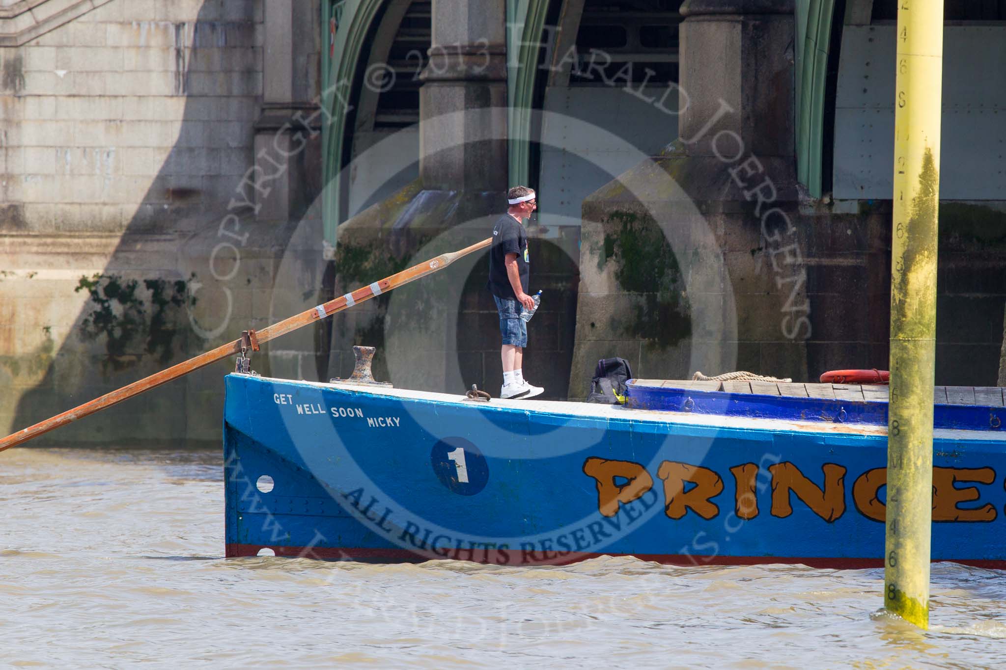 TOW River Thames Barge Driving Race 2013: Barge "Darren Lacey", by Princess Pocahontas, after passing the race finish at Westminster Bridge..
River Thames between Greenwich and Westminster,
London,

United Kingdom,
on 13 July 2013 at 14:31, image #481