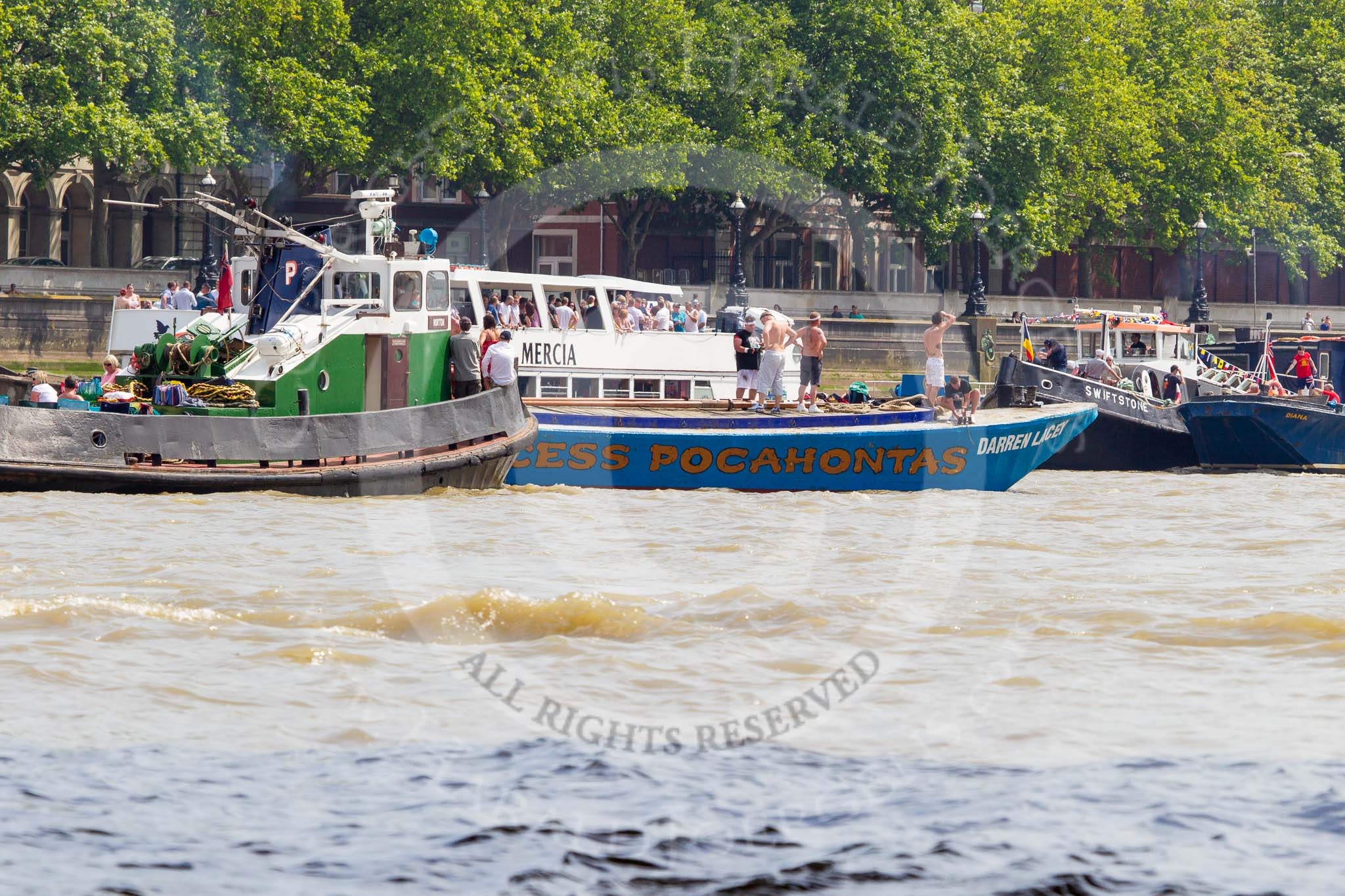 TOW River Thames Barge Driving Race 2013: Barge "Darren Lacey", by Princess Pocahontas,  with tug "Horton", after passing the finish line of the race..
River Thames between Greenwich and Westminster,
London,

United Kingdom,
on 13 July 2013 at 14:32, image #482