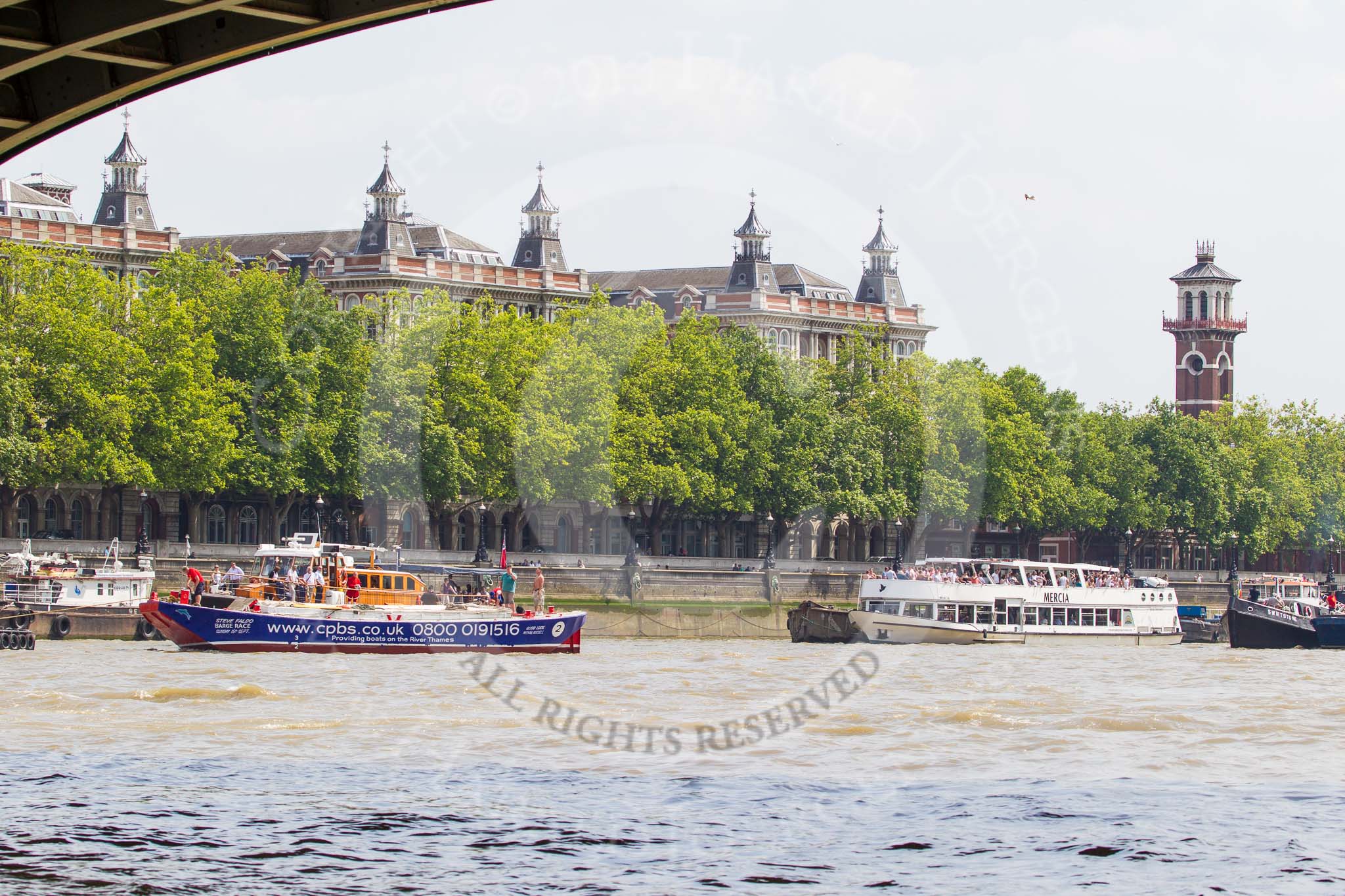 TOW River Thames Barge Driving Race 2013: Barge "Steve Faldo" by Capital Pleasure Boats, behind the finish line at Westminster Bridge, ready to be towed back to Greenwich by tug "Bulldog"..
River Thames between Greenwich and Westminster,
London,

United Kingdom,
on 13 July 2013 at 14:33, image #487