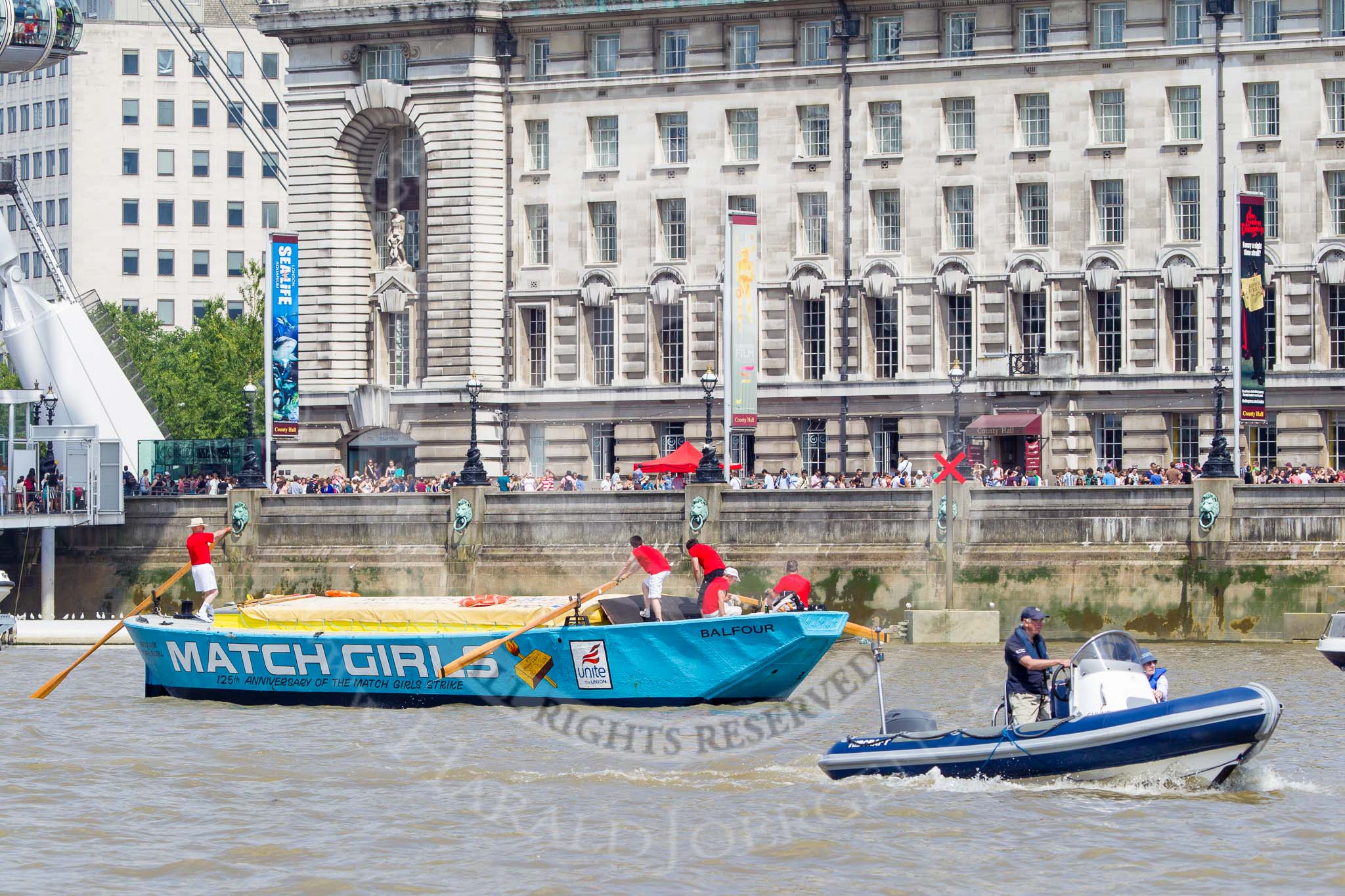 TOW River Thames Barge Driving Race 2013: Barge "The Matchgirls", by Unite the Union, at the London Aquarium, close to the race finish at Westminster Bridge..
River Thames between Greenwich and Westminster,
London,

United Kingdom,
on 13 July 2013 at 14:35, image #489