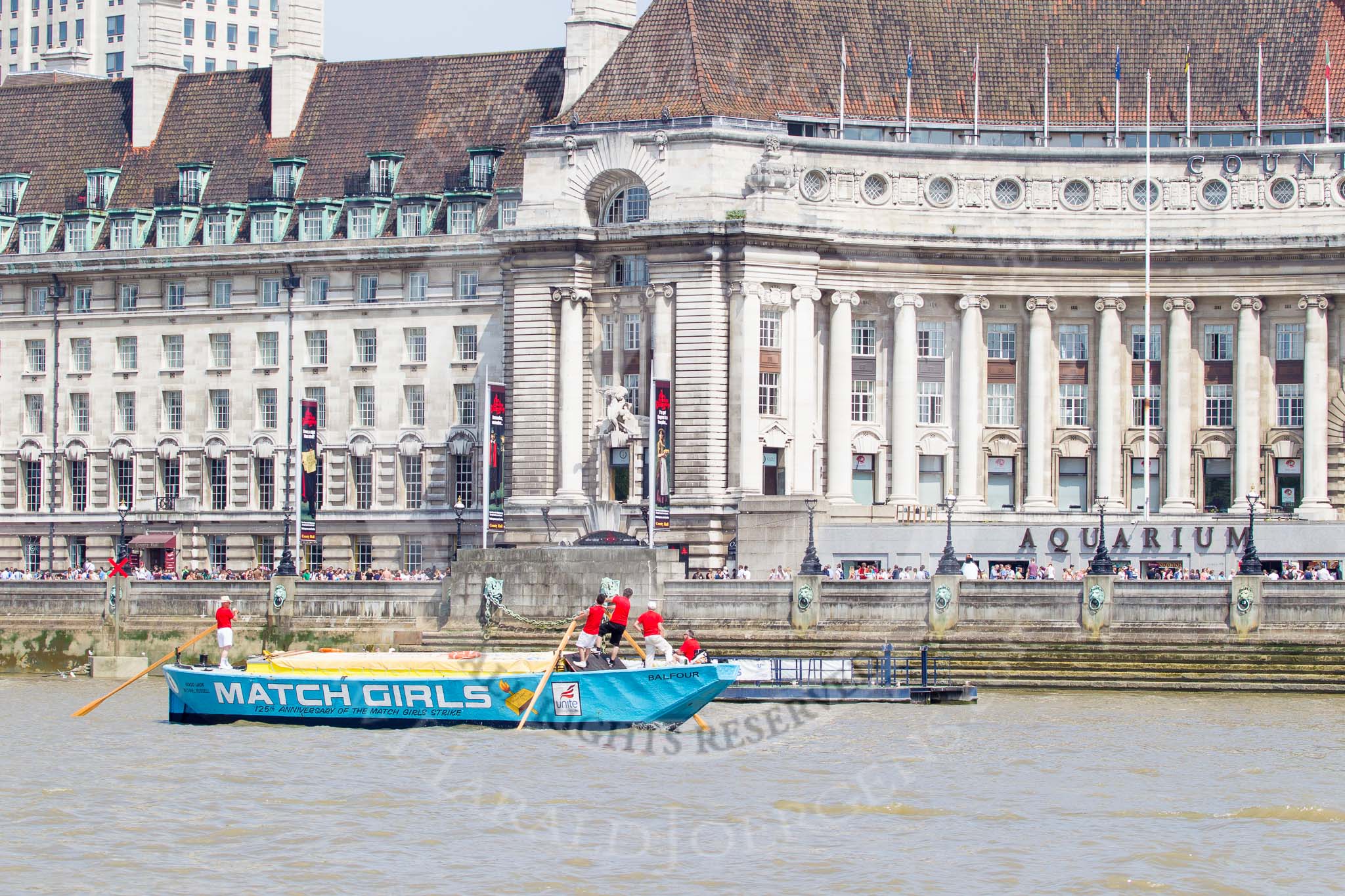 TOW River Thames Barge Driving Race 2013: Barge "The Matchgirls", by Unite the Union, at the London Aquarium, close to the race finish at Westminster Bridge..
River Thames between Greenwich and Westminster,
London,

United Kingdom,
on 13 July 2013 at 14:35, image #490