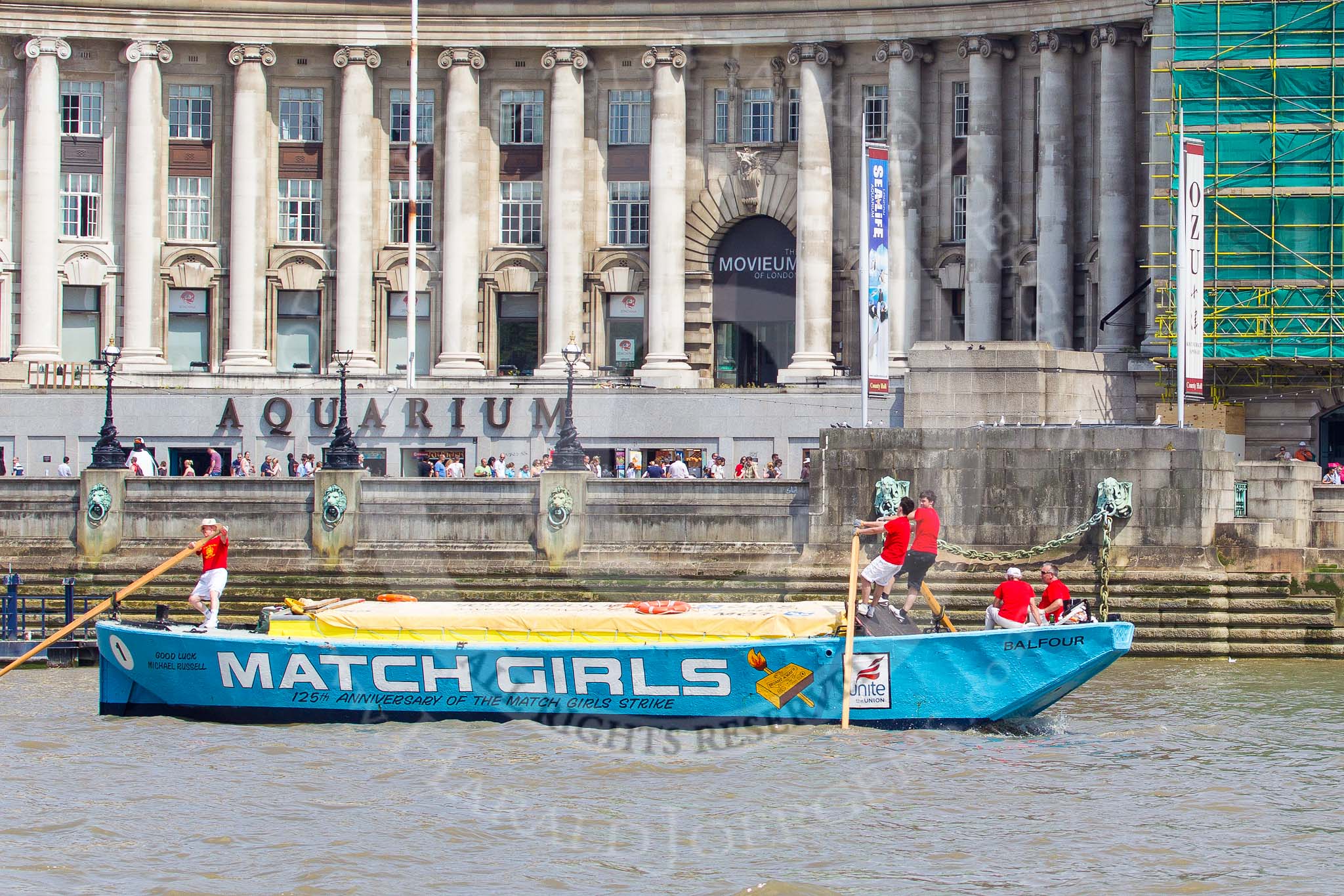 TOW River Thames Barge Driving Race 2013: Barge "The Matchgirls", by Unite the Union, at the London Aquarium, close to the race finish at Westminster Bridge..
River Thames between Greenwich and Westminster,
London,

United Kingdom,
on 13 July 2013 at 14:35, image #491