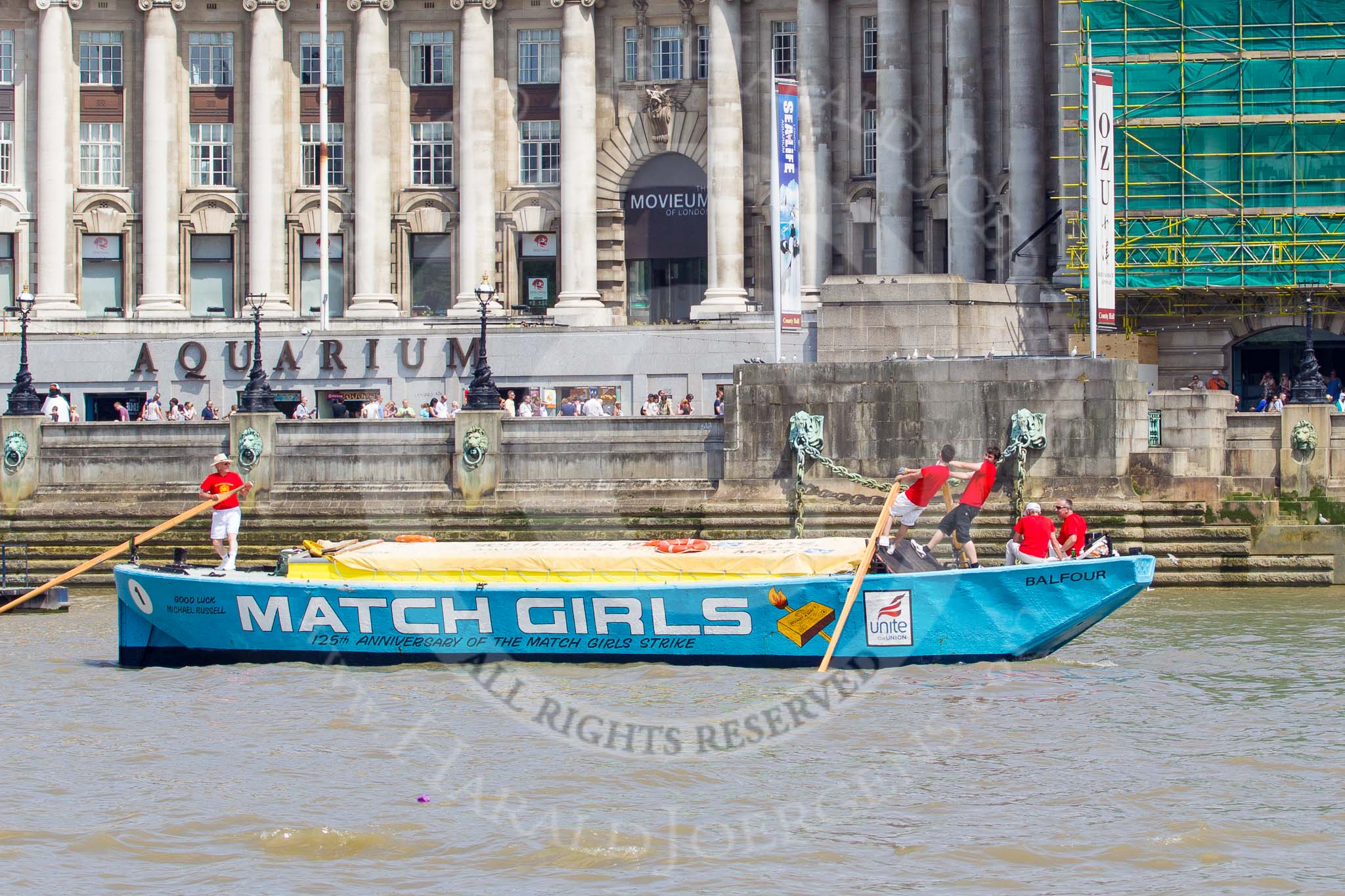 TOW River Thames Barge Driving Race 2013: Barge "The Matchgirls", by Unite the Union, at the London Aquarium, close to the race finish at Westminster Bridge..
River Thames between Greenwich and Westminster,
London,

United Kingdom,
on 13 July 2013 at 14:35, image #492