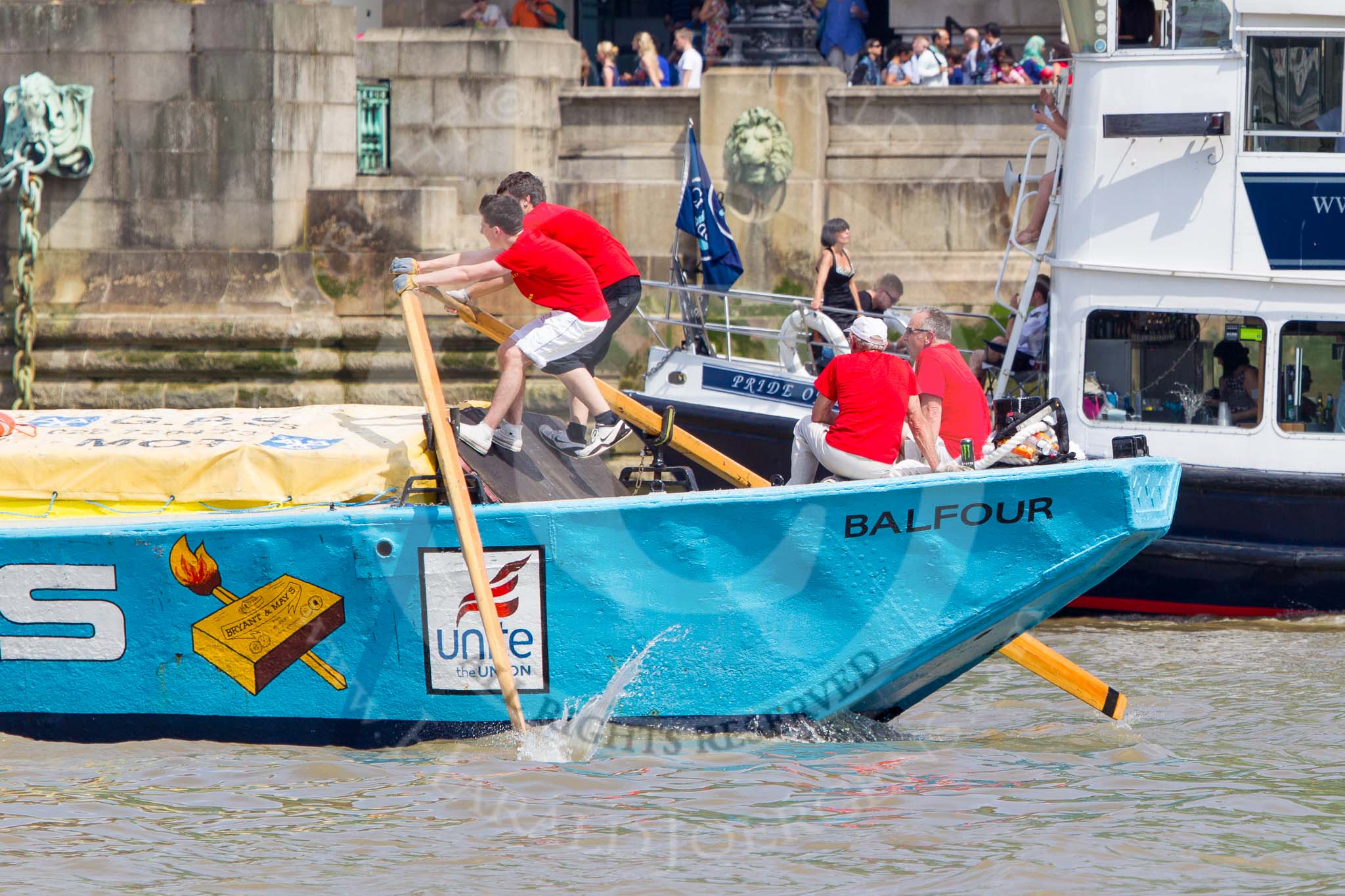 TOW River Thames Barge Driving Race 2013: Barge "The Matchgirls", by Unite the Union, at the London Aquarium, close to the race finish at Westminster Bridge..
River Thames between Greenwich and Westminster,
London,

United Kingdom,
on 13 July 2013 at 14:35, image #493