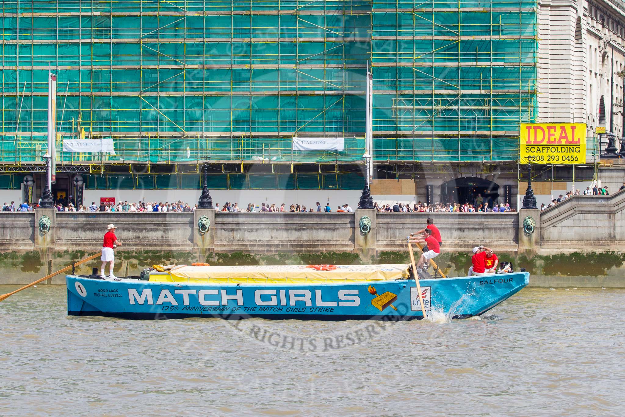 TOW River Thames Barge Driving Race 2013: Barge "The Matchgirls", by Unite the Union, at the London Aquarium, approaching the race finish at Westminster Bridge..
River Thames between Greenwich and Westminster,
London,

United Kingdom,
on 13 July 2013 at 14:36, image #494