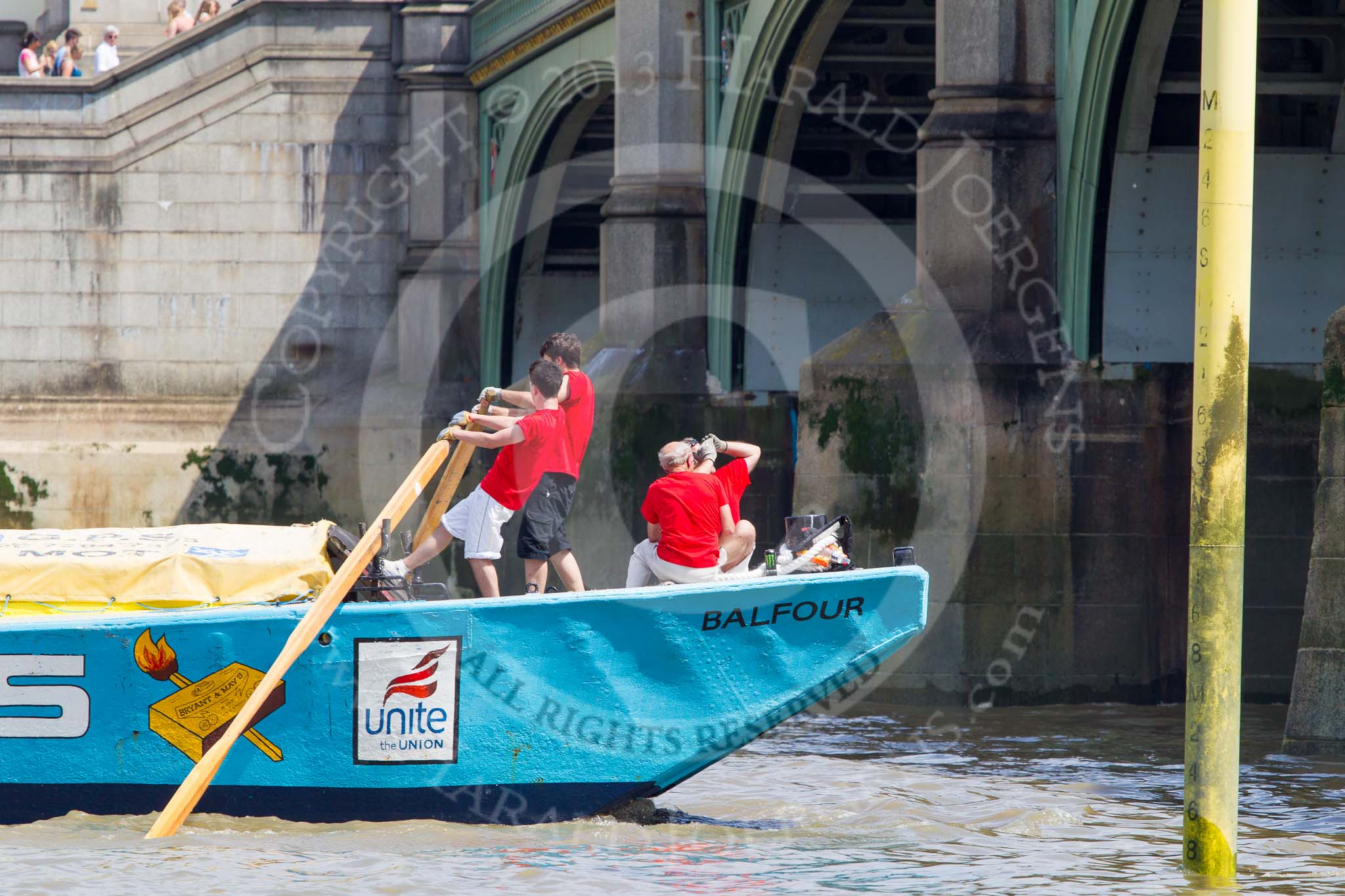 TOW River Thames Barge Driving Race 2013: Barge "The Matchgirls", by Unite the Union, at the London Aquarium, at the race finish at Westminster Bridge..
River Thames between Greenwich and Westminster,
London,

United Kingdom,
on 13 July 2013 at 14:36, image #495