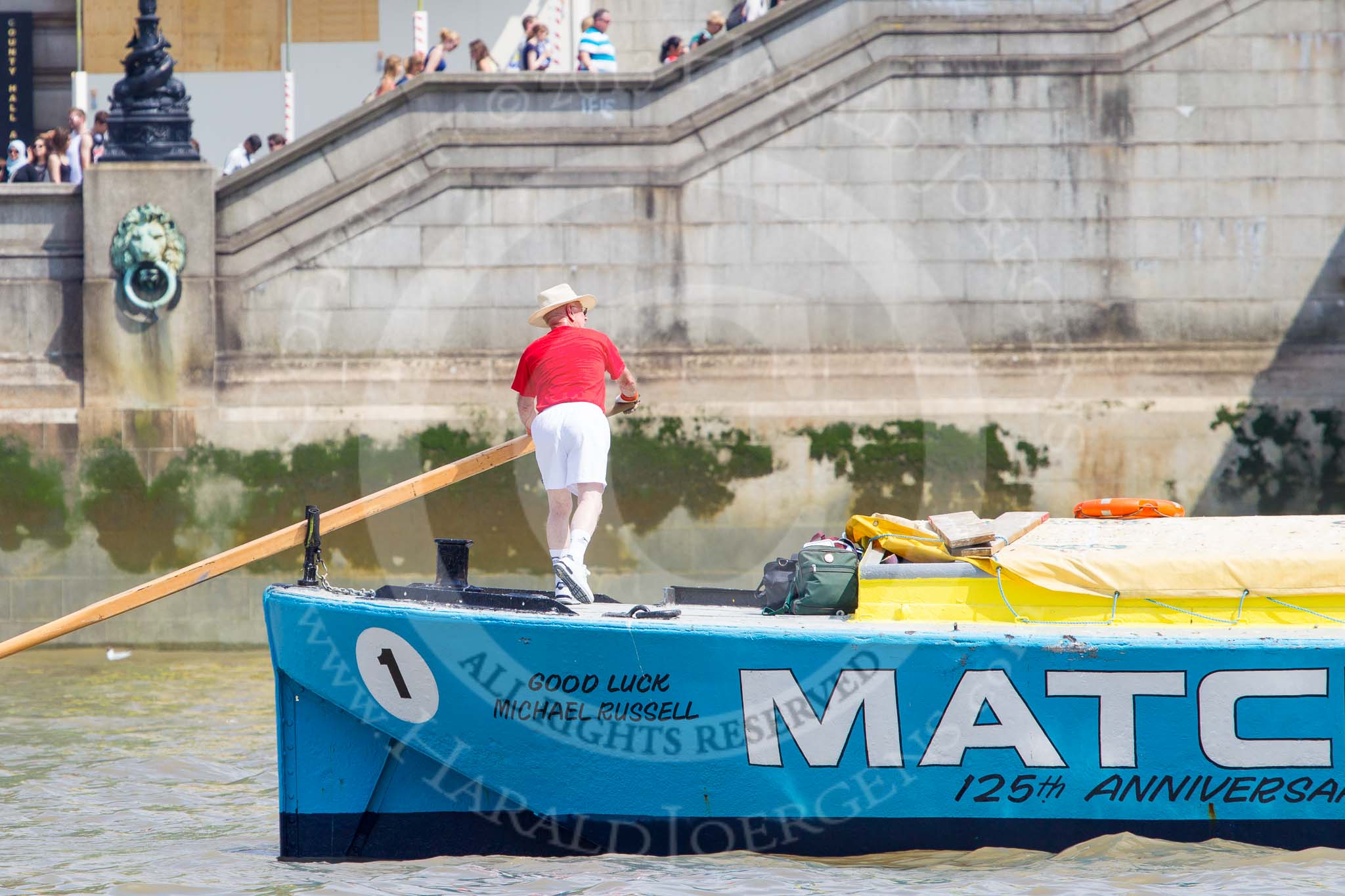 TOW River Thames Barge Driving Race 2013: Barge "The Matchgirls", by Unite the Union, at the London Aquarium, at the race finish at Westminster Bridge..
River Thames between Greenwich and Westminster,
London,

United Kingdom,
on 13 July 2013 at 14:36, image #496