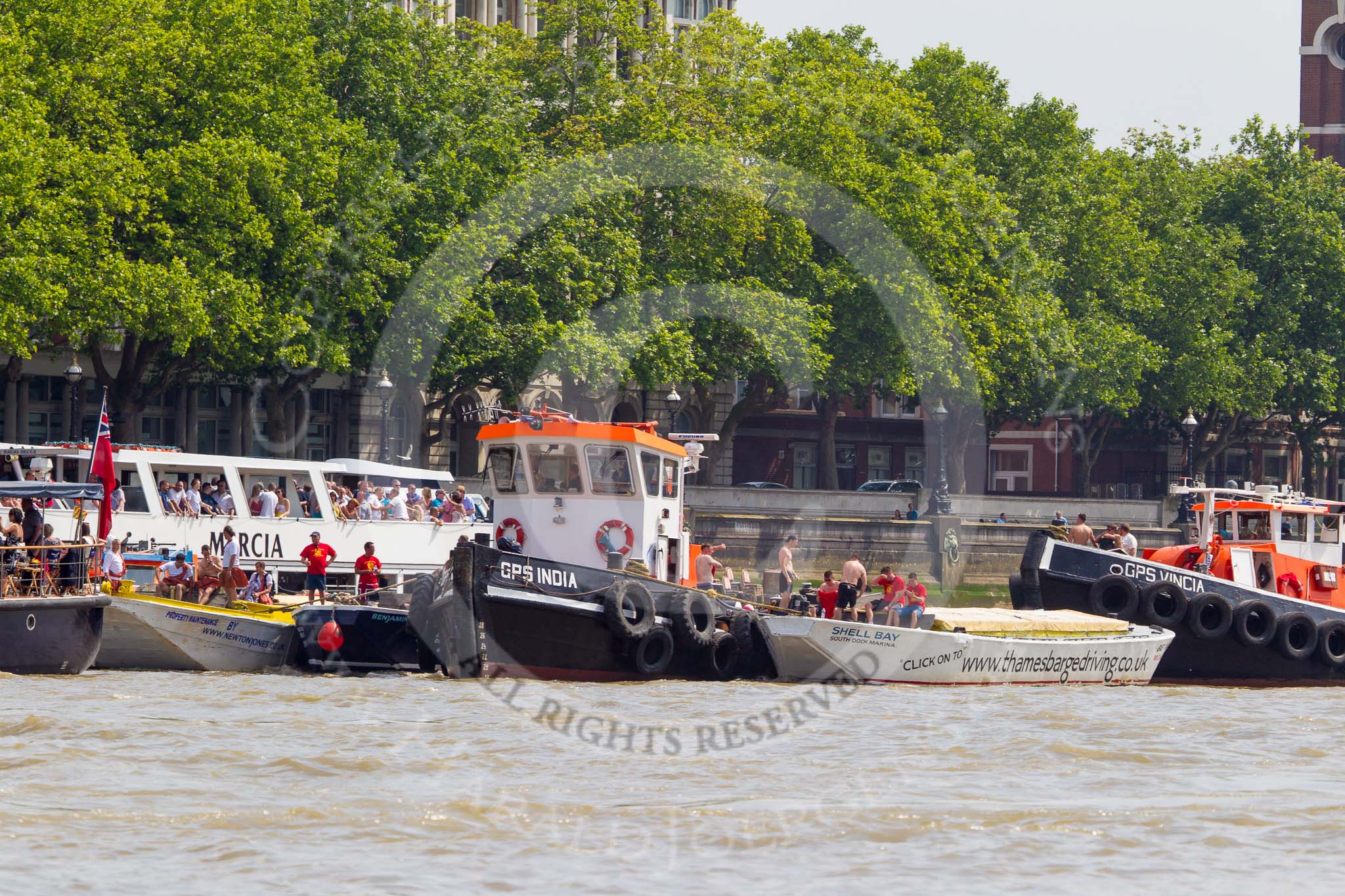 TOW River Thames Barge Driving Race 2013: GPS Marine tug "GPS India", ready to pull barge "Benjamin", by London Party Boats, and barge "Shell Bay" by South Dock Marina, back to Greenwich. Behind them "GPS Vincia"..
River Thames between Greenwich and Westminster,
London,

United Kingdom,
on 13 July 2013 at 14:36, image #499