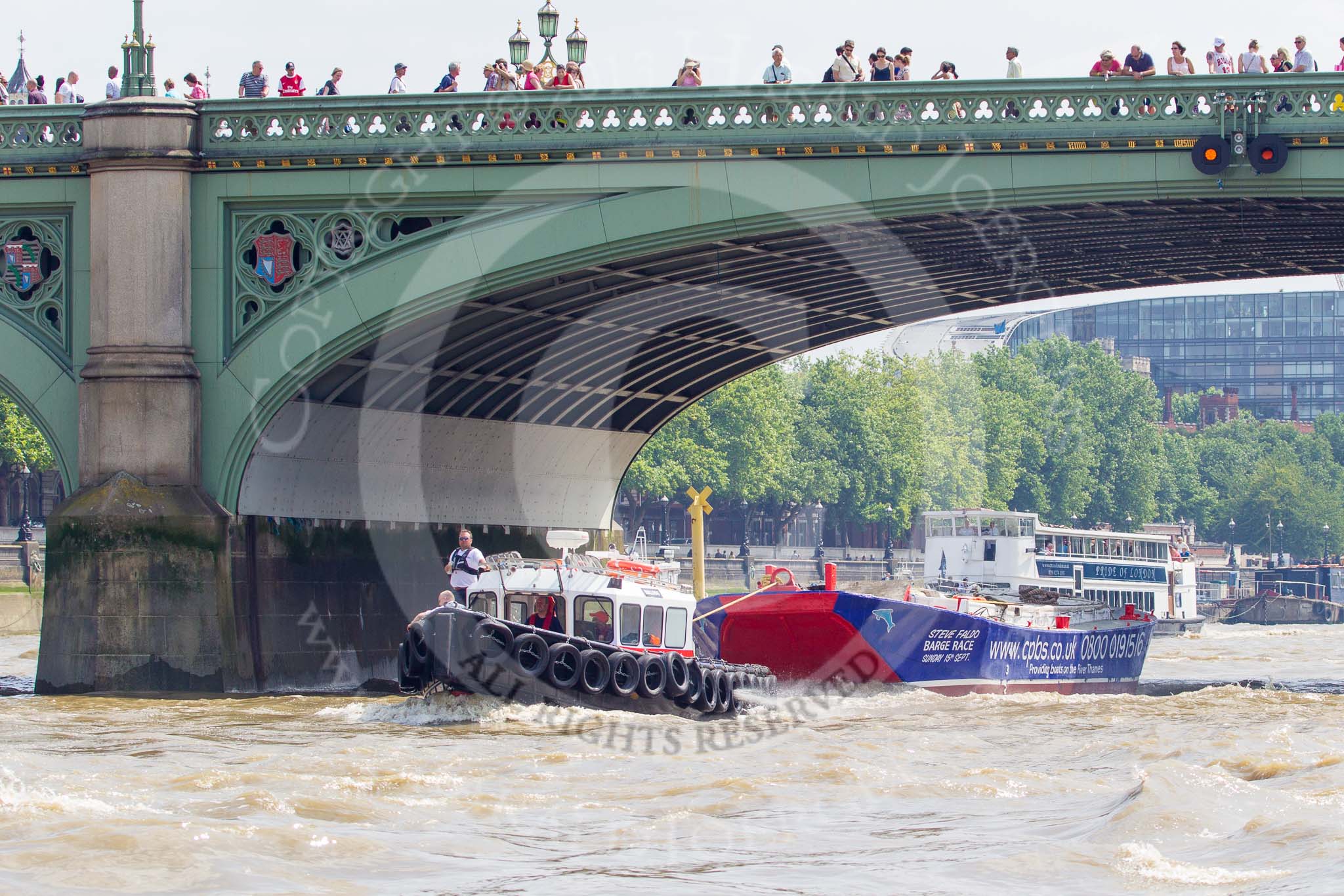 TOW River Thames Barge Driving Race 2013: Tug "Bulldog" pullig barge barge "Steve Faldo" by Capital Pleasure Boats, back to Greenwich..
River Thames between Greenwich and Westminster,
London,

United Kingdom,
on 13 July 2013 at 14:42, image #514