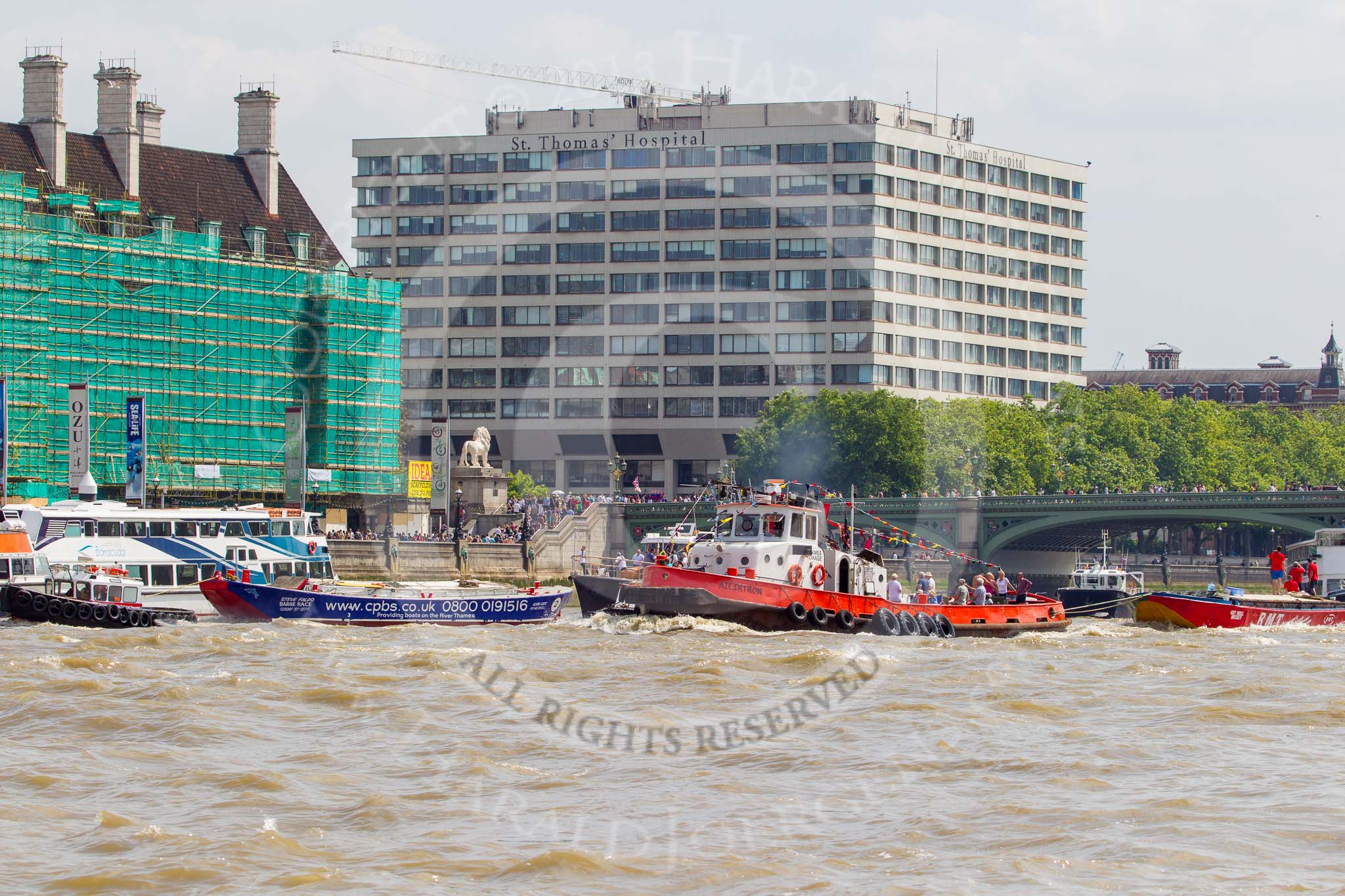 TOW River Thames Barge Driving Race 2013: Barges on the way back to Greenwich, passing Westminster Bridge..
River Thames between Greenwich and Westminster,
London,

United Kingdom,
on 13 July 2013 at 14:44, image #519