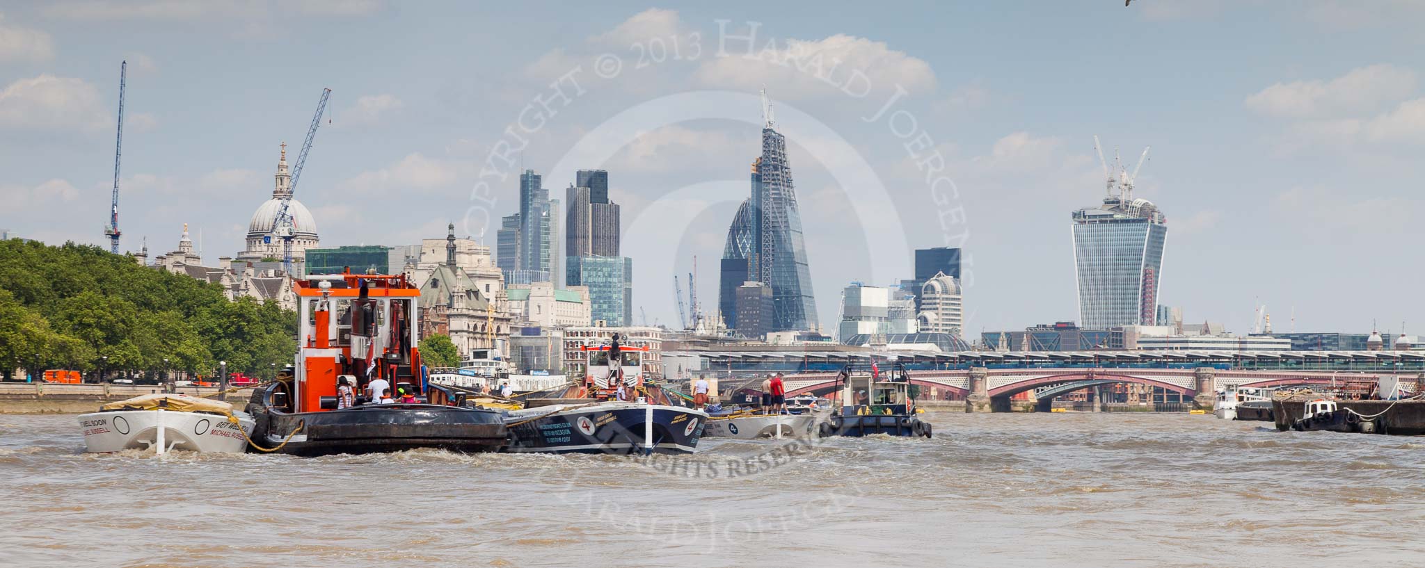 TOW River Thames Barge Driving Race 2013: GPS Marine tug "GPS Vincia" at Blackfriars Bridge, pulling barge "Hoppy", by GPS Fabrication, and barge barge "Spirit of Mountabatten", by Mechanical Movements and Enabling Services Ltd, back to Greenwich..
River Thames between Greenwich and Westminster,
London,

United Kingdom,
on 13 July 2013 at 14:48, image #527