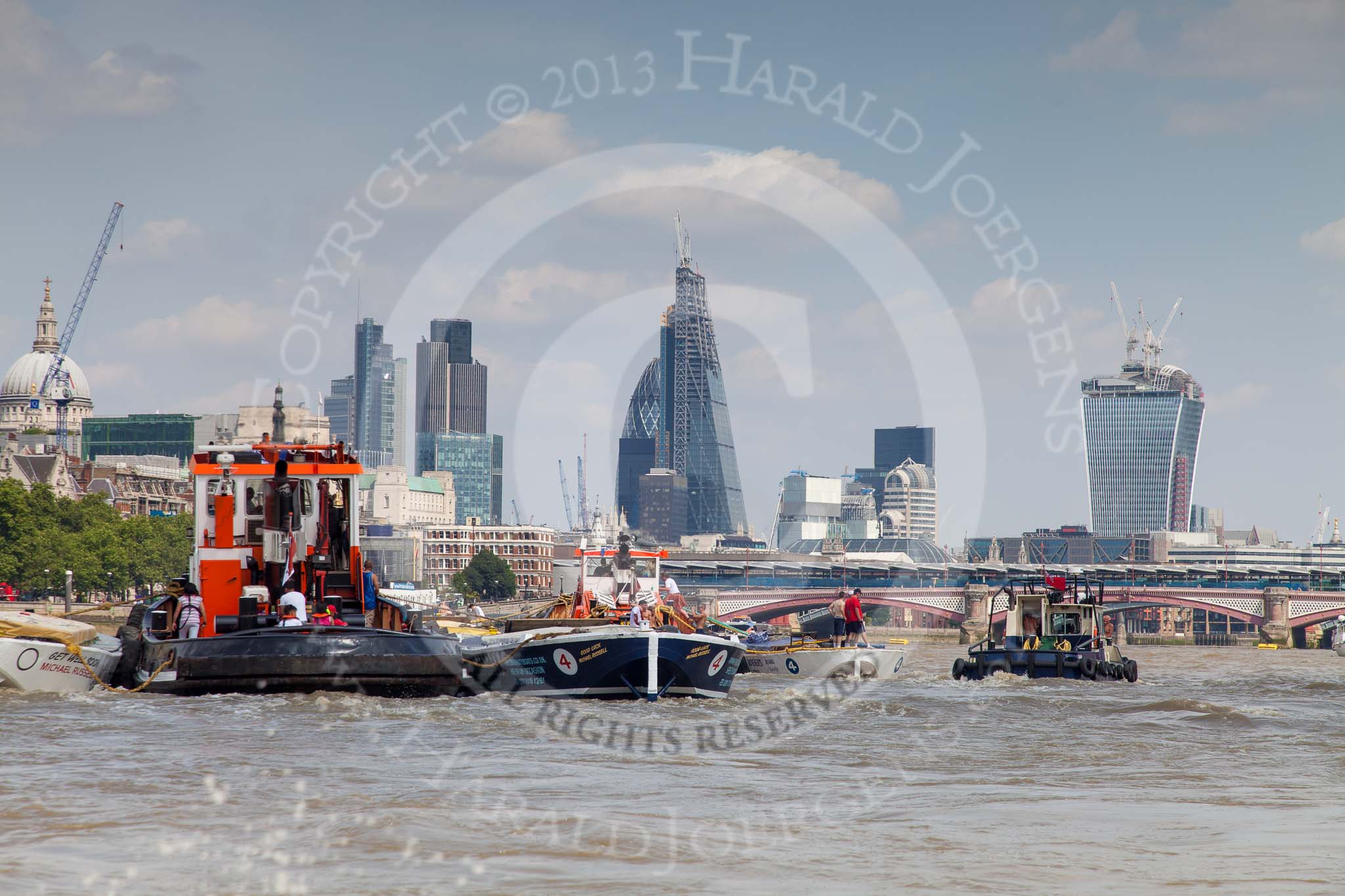 TOW River Thames Barge Driving Race 2013: GPS Marine tug "GPS Vincia" at Blackfriars Bridge, pulling barge "Hoppy", by GPS Fabrication, and barge barge "Spirit of Mountabatten", by Mechanical Movements and Enabling Services Ltd, back to Greenwich..
River Thames between Greenwich and Westminster,
London,

United Kingdom,
on 13 July 2013 at 14:48, image #528