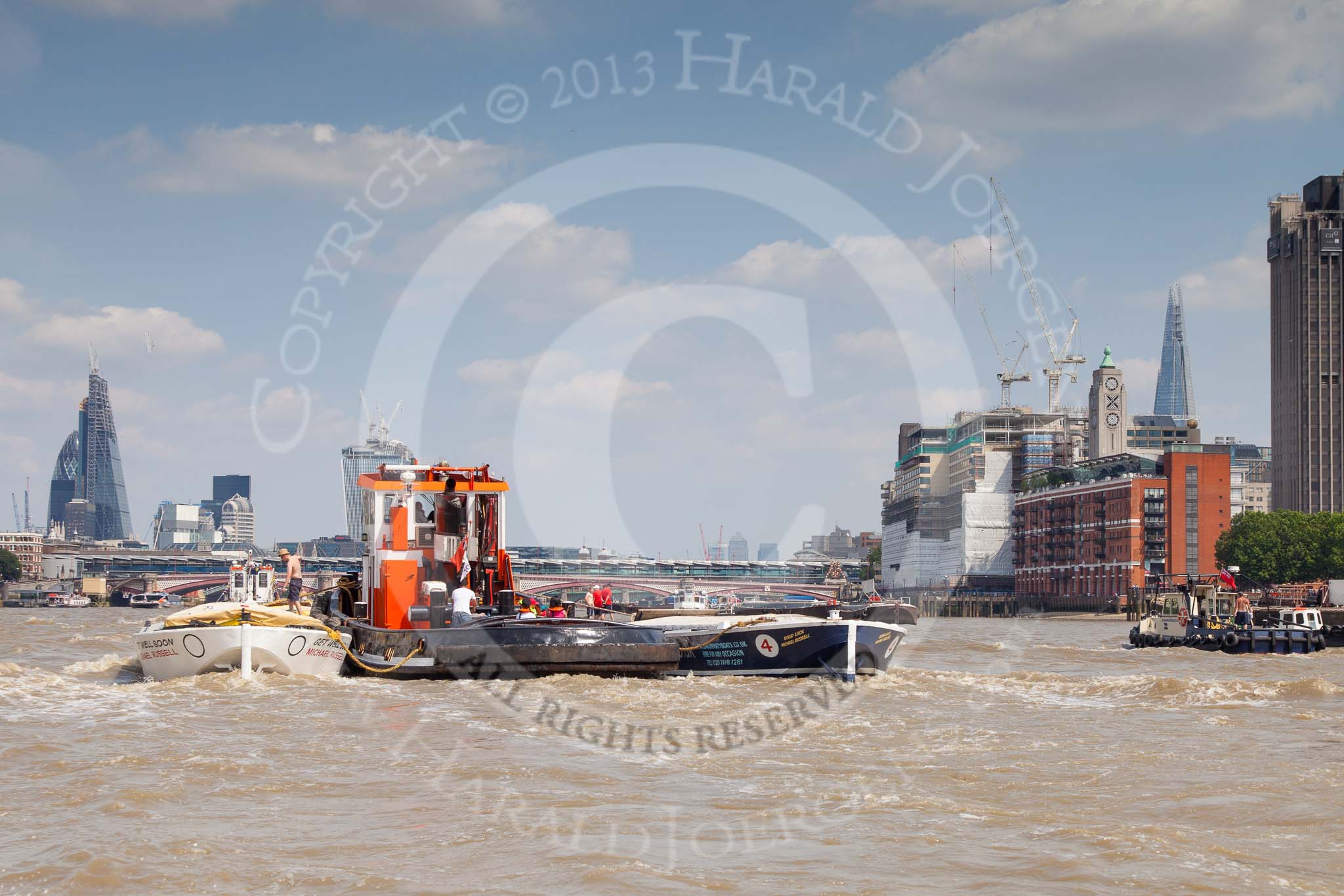 TOW River Thames Barge Driving Race 2013: GPS Marine tug "GPS India", pulling barge "Benjamin", by London Party Boats, and barge "Shell Bay" by South Dock Marina, back to Greenwich..
River Thames between Greenwich and Westminster,
London,

United Kingdom,
on 13 July 2013 at 14:48, image #530