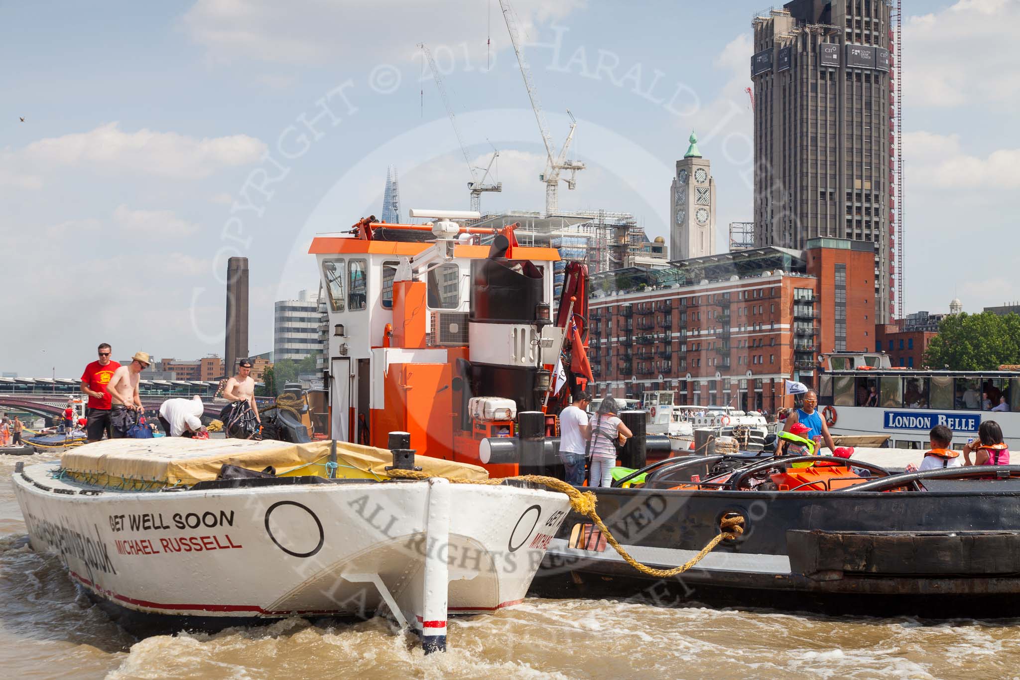 TOW River Thames Barge Driving Race 2013: GPS Marine tug "GPS India", pulling barge "Benjamin", by London Party Boats, and barge "Shell Bay" by South Dock Marina, back to Greenwich..
River Thames between Greenwich and Westminster,
London,

United Kingdom,
on 13 July 2013 at 14:49, image #531