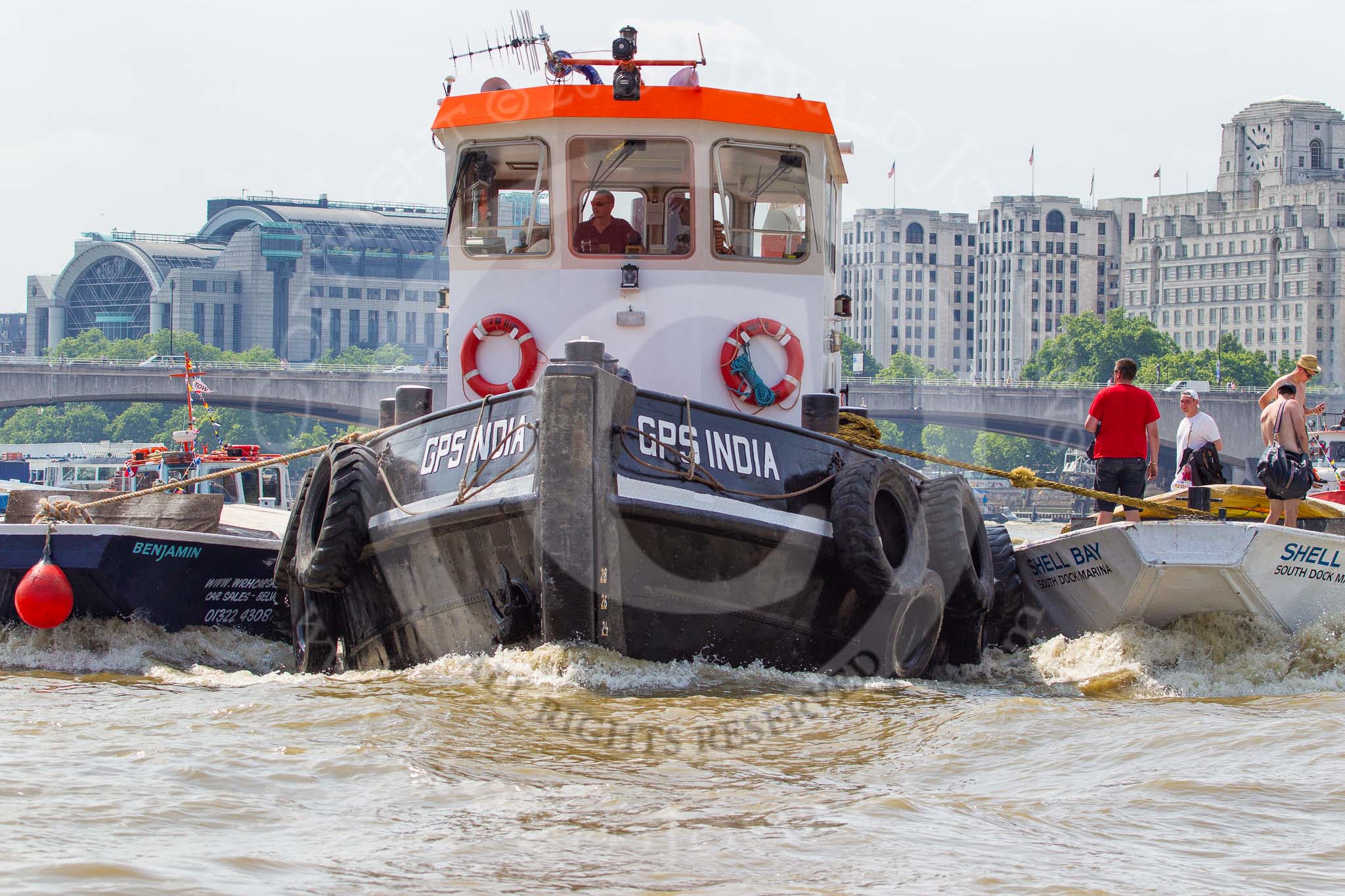 TOW River Thames Barge Driving Race 2013: GPS Marine tug "GPS India" pulling barge "Benjamin", by London Party Boats, and barge "Shell Bay" by South Dock Marina, back to Greenwich..
River Thames between Greenwich and Westminster,
London,

United Kingdom,
on 13 July 2013 at 14:50, image #535