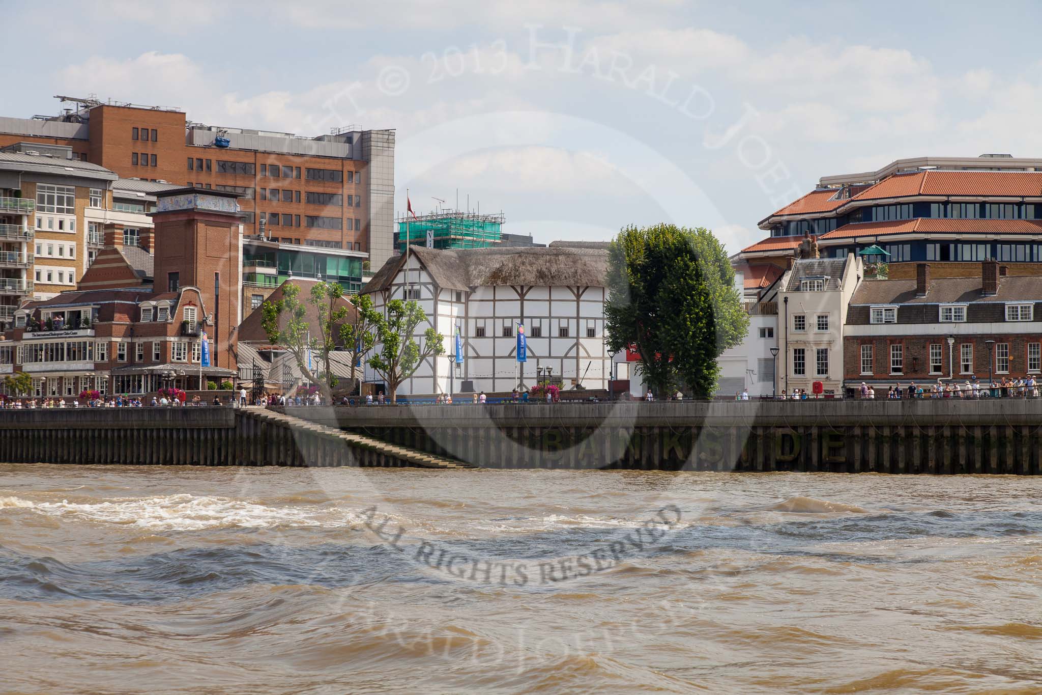 TOW River Thames Barge Driving Race 2013: Shakespeare's Globe Theatre, London SE1, seen from the river..
River Thames between Greenwich and Westminster,
London,

United Kingdom,
on 13 July 2013 at 14:54, image #542